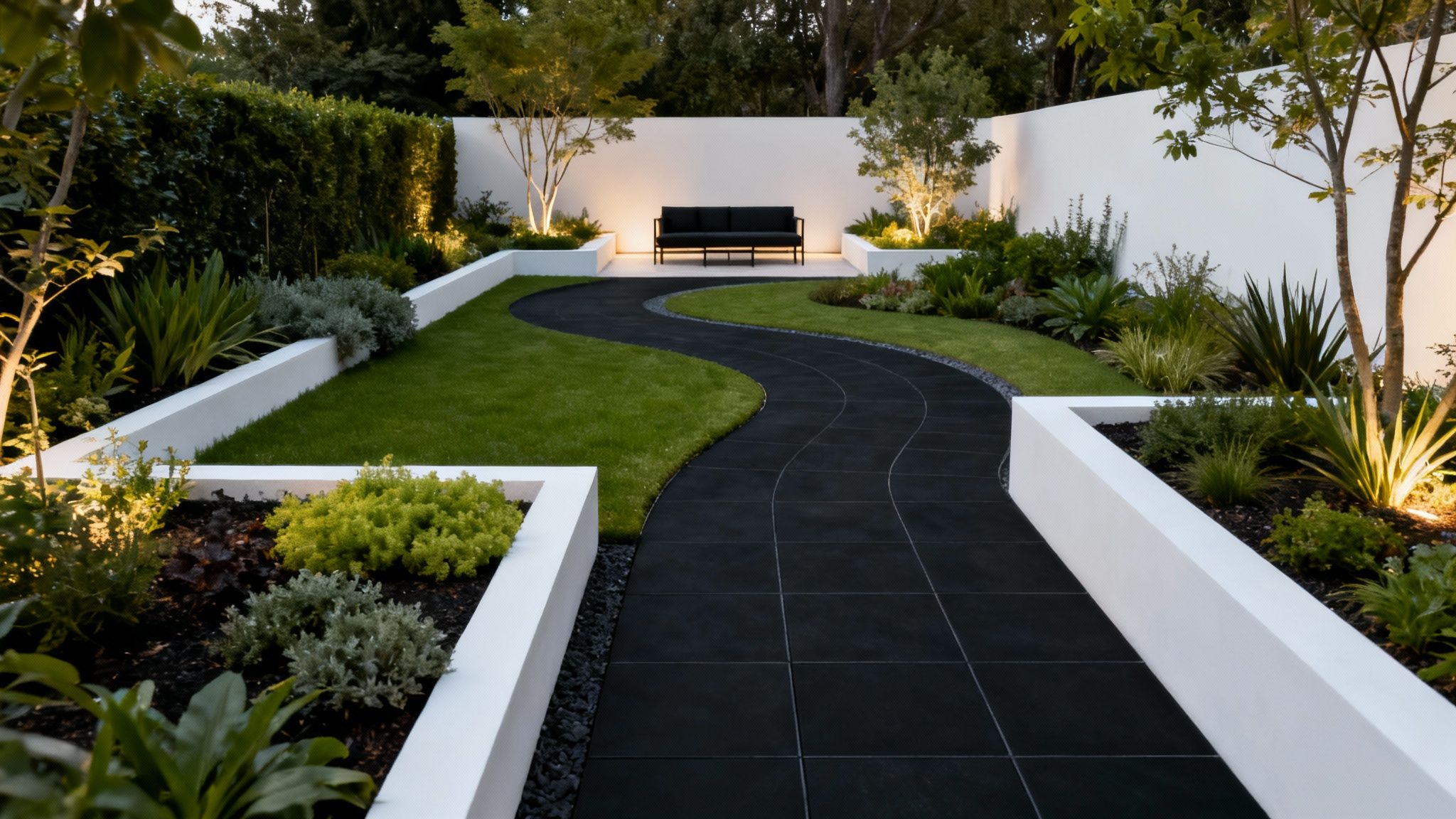 En moderne have med snoede sorte fliser, hvide højbede, græs og en sort bænk under aftenbelysning.