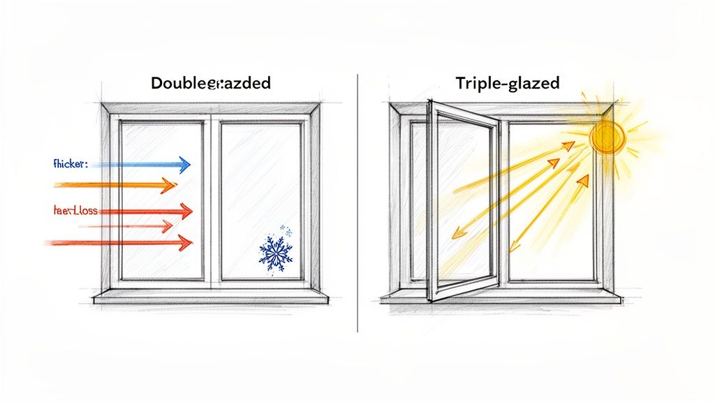 Illustration af forskellen mellem termoruder og tredobbelte ruder, der viser varmetab og varmetilførsel.