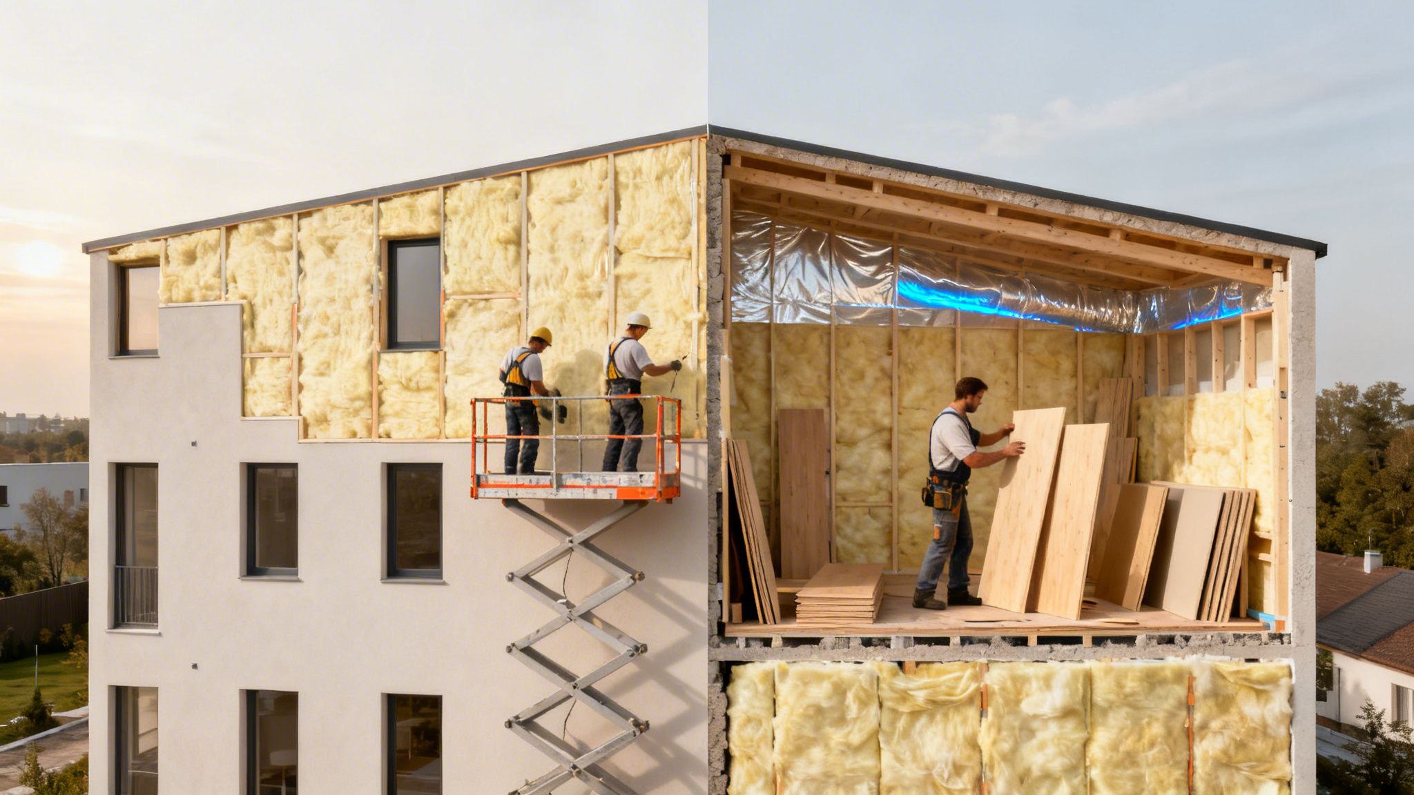 Bygning under konstruktion, viser facadeisolering af to arbejdere på lift og indvendig trækonstruktion med isolering.