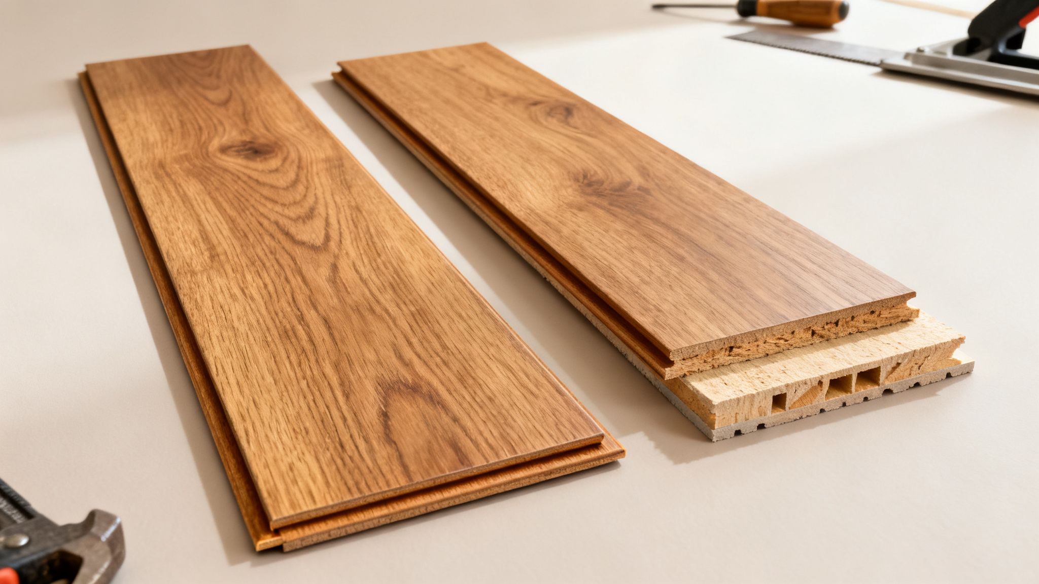 To plankegulve i eg, hvoraf den ene er skåret over for at vise lagene, klar til montering.