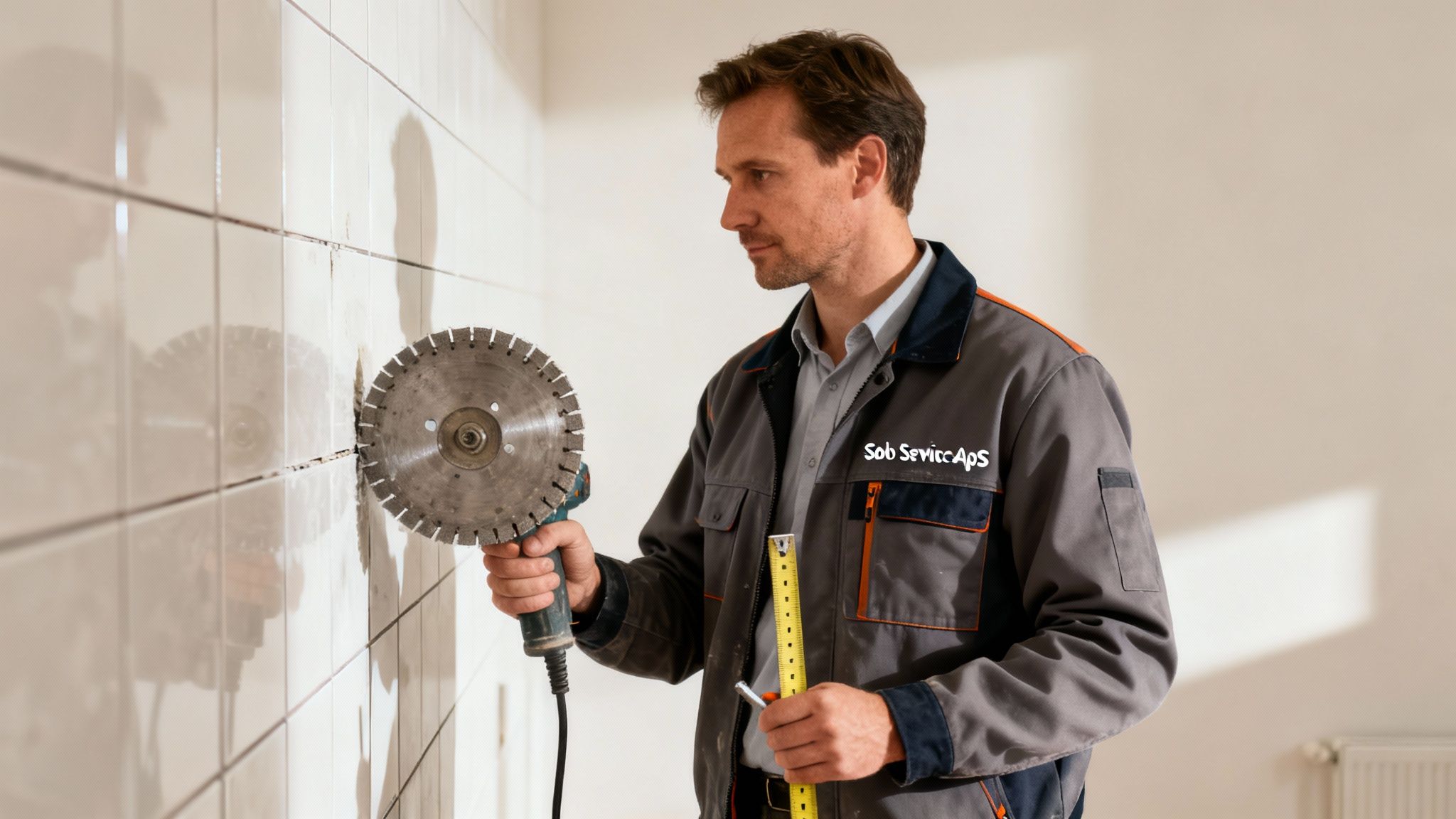 En mand i gråt arbejdstøj holder et diamantbor og skærer en rille i hvide fliser.