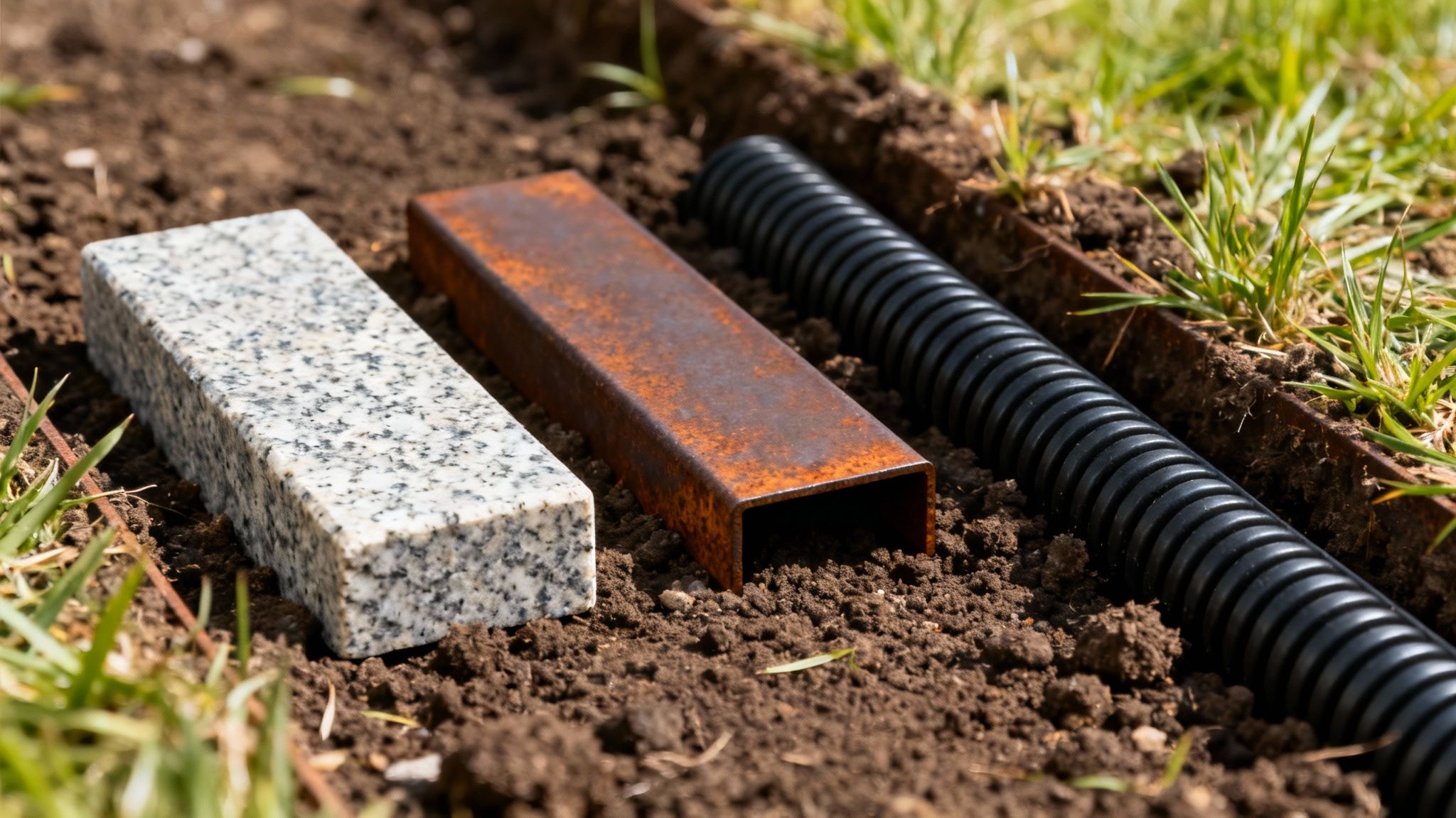 Tre forskellige kantmaterialer til bede: granitkantsten, rusten metalprofil og sort rør i jord.