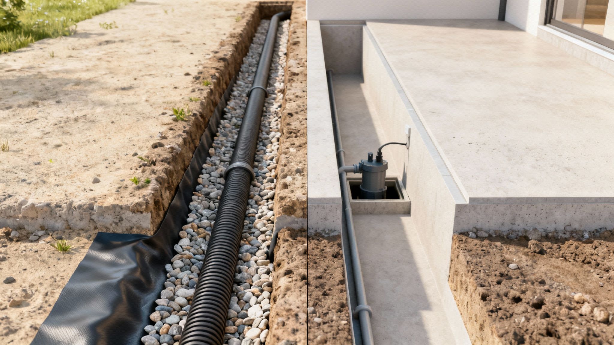 Drænsystem med rør, grus og pumpe ved husmur og jordudgravning for effektiv vandhåndtering.