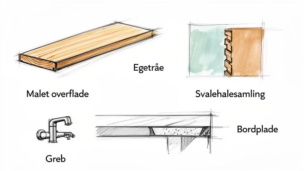 Illustration af forskellige snedkerdetaljer: egetræ, malet overflade, svalehalesamling, greb og bordplade.