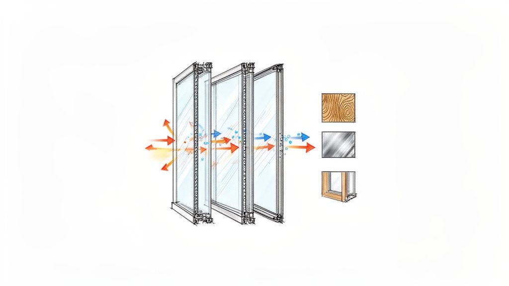 Diagram af et tredobbelt glasvindue, der viser varmeoverførsel og isolering. Eksempler på vinduesmaterialer.
