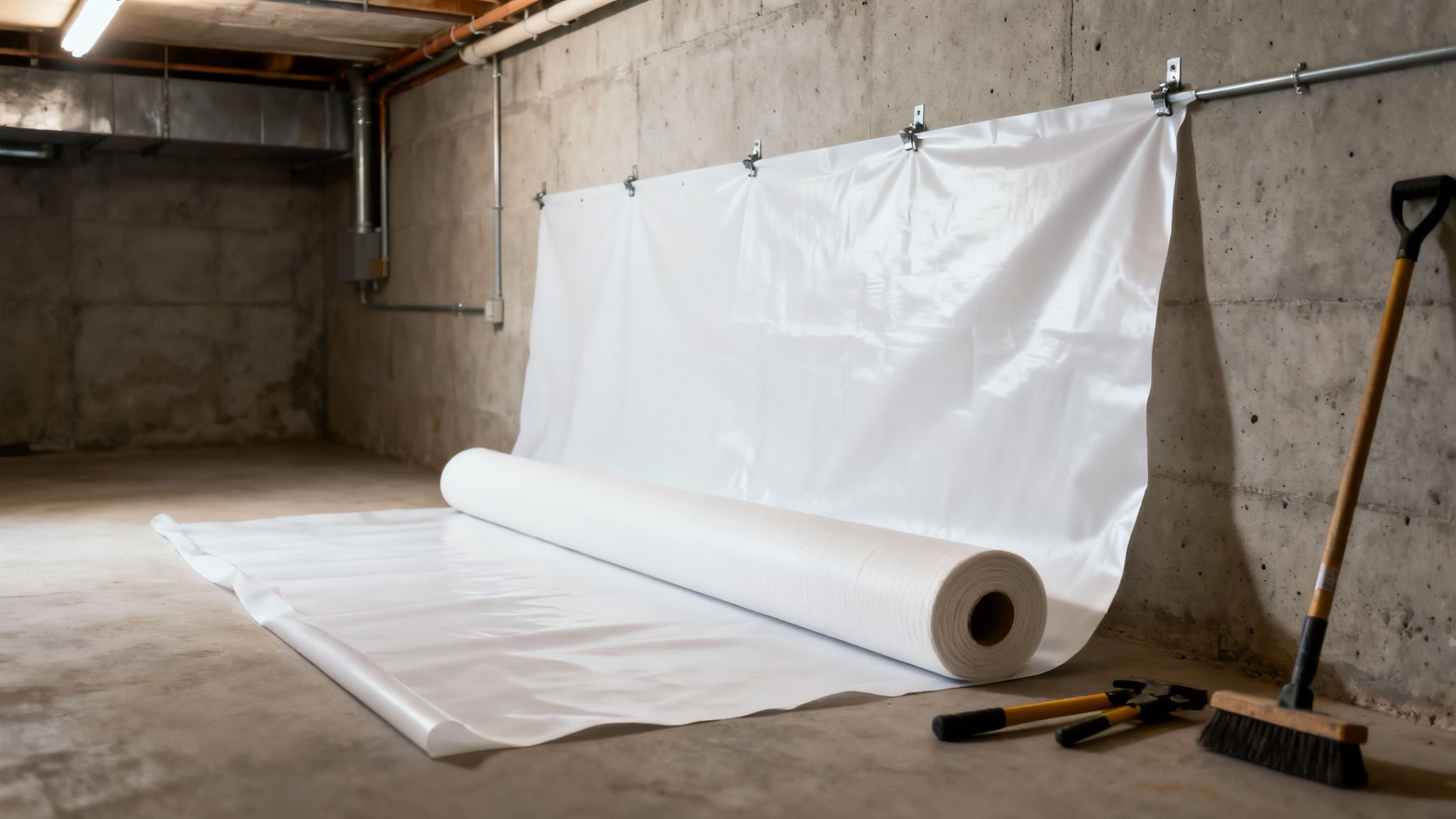 En håndværker inspicerer en nyanlagt fugtisolering på en kældervæg