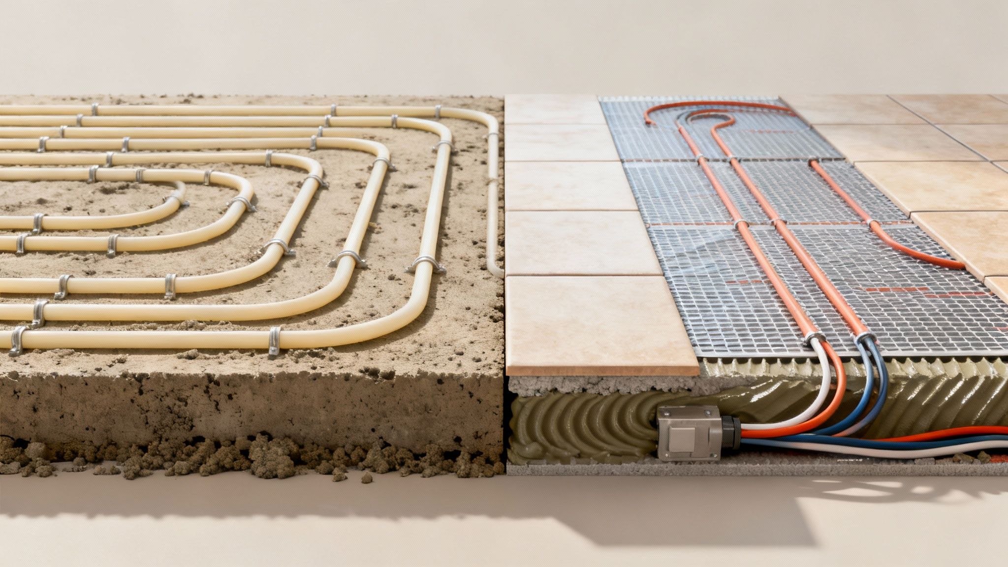 Detaljeret tværsnit af vandbaseret og elektrisk gulvvarme med rør, kabler og fliser.