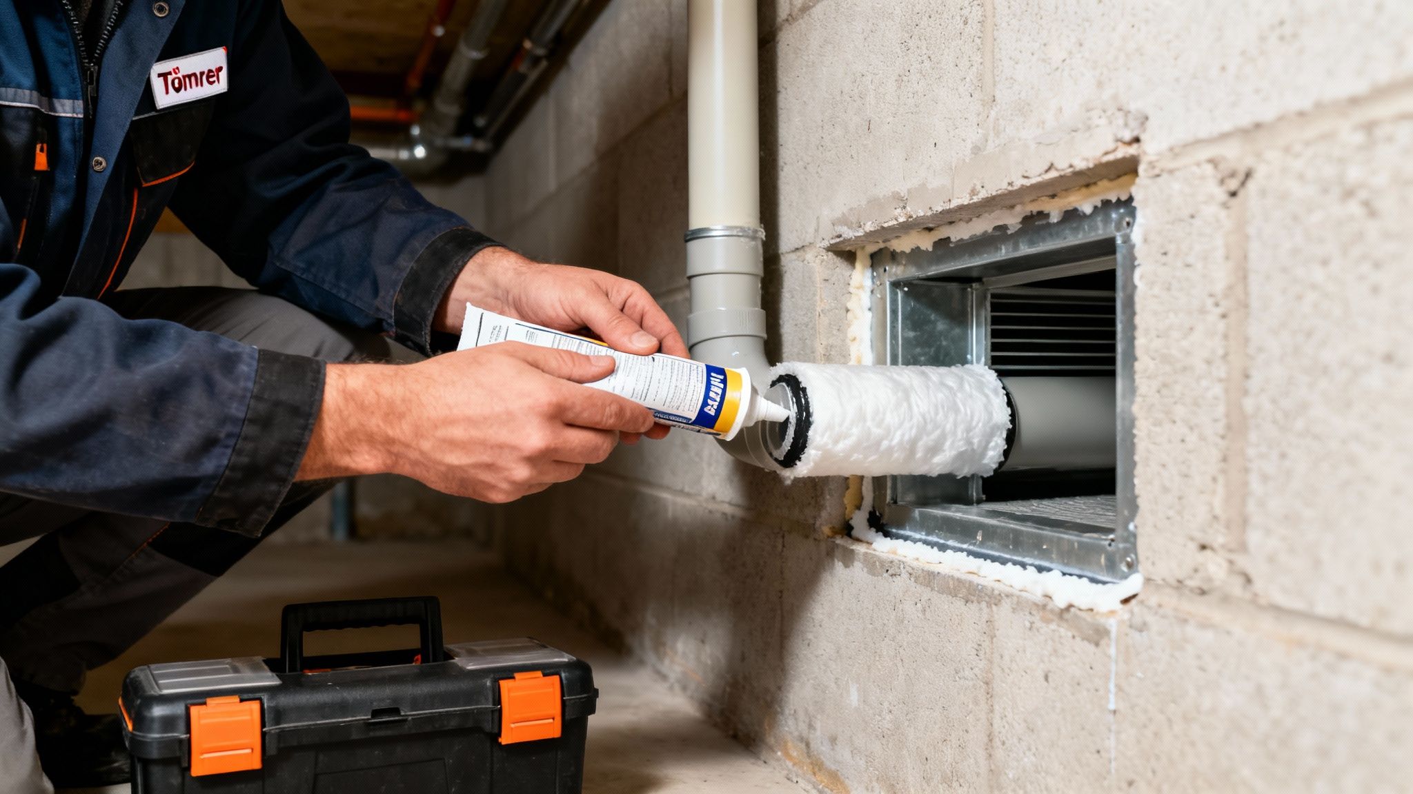 En person påfører fugemasse omkring et udluftningsrør i en kælder for at forsegle.