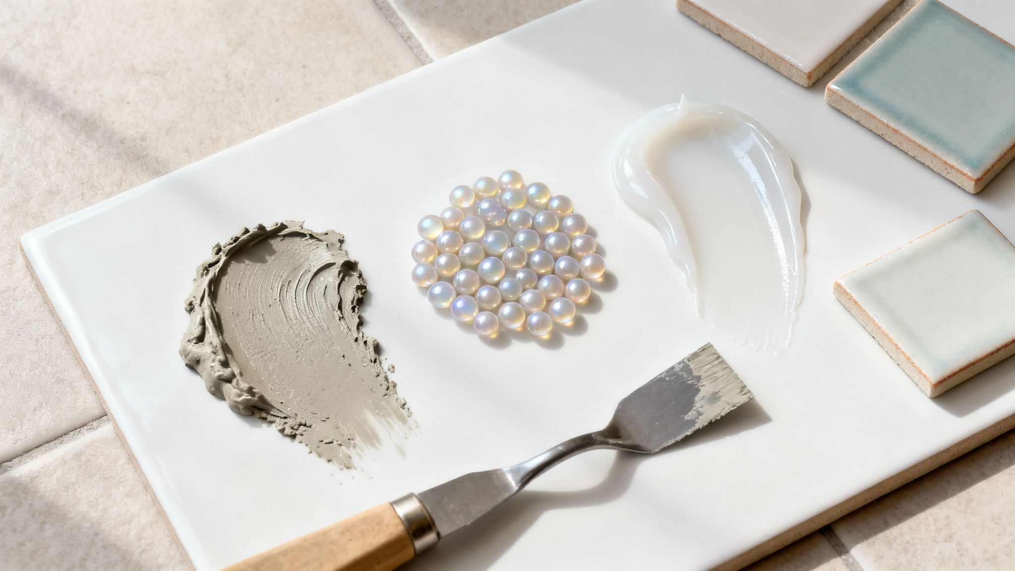 Hvid palette med flisefuge, creme, iriserende perler, en spartel og keramiske fliser.