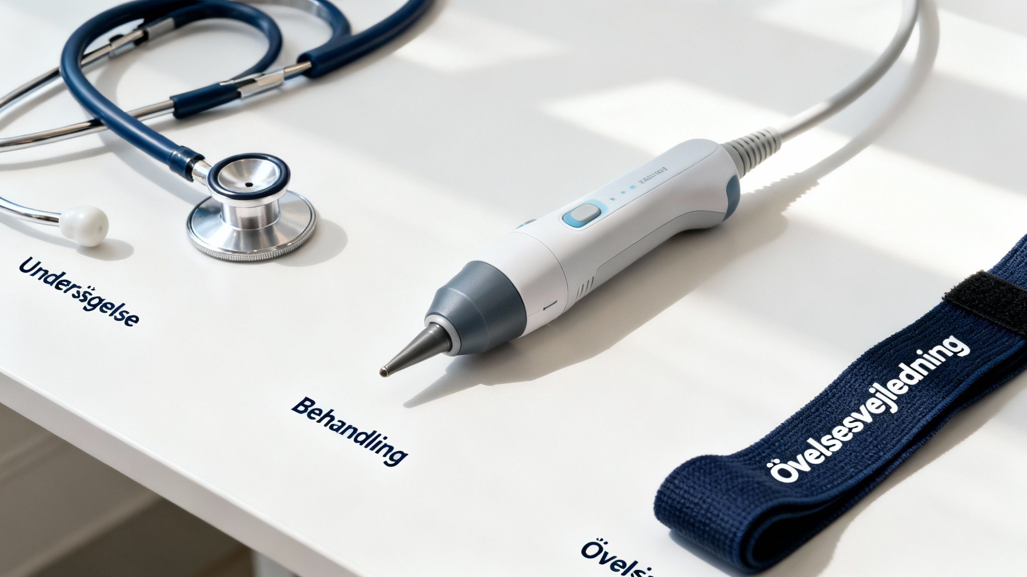 Et stetoskop, et medicinsk apparat og en blå rem på et hvidt bord med ordene 'Undersøgelse', 'Behandling' og 'Øvelsesvejledning'.