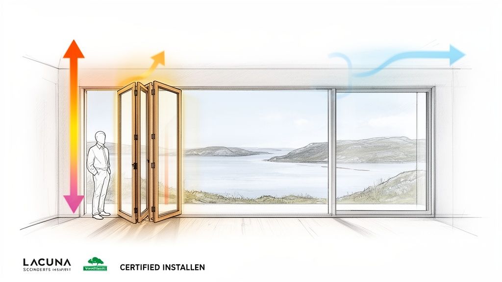 Illustration af et rum med åbne Lacuna foldedøre, der viser ventilation og udsigt over sø og bjerge.