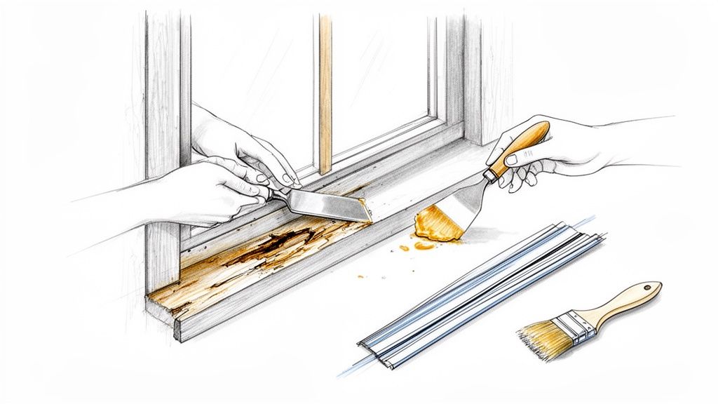 Illustration af reparation af en rådskadet vindueskarm, hvor råddent træ fjernes, og ny spartelmasse påføres.