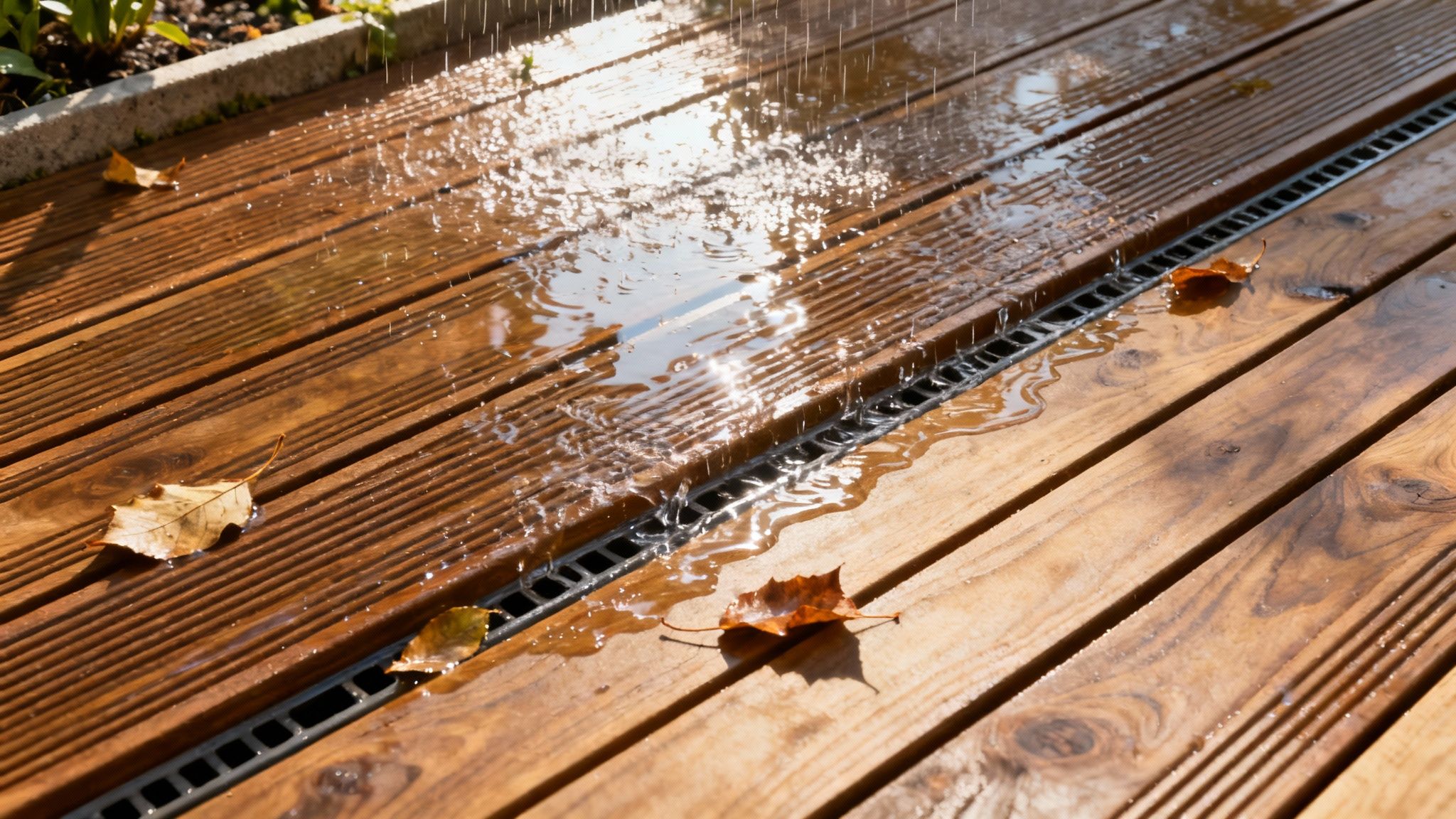 En velholdt træterrasse med rillede brædder, der viser, hvordan vand ledes væk.