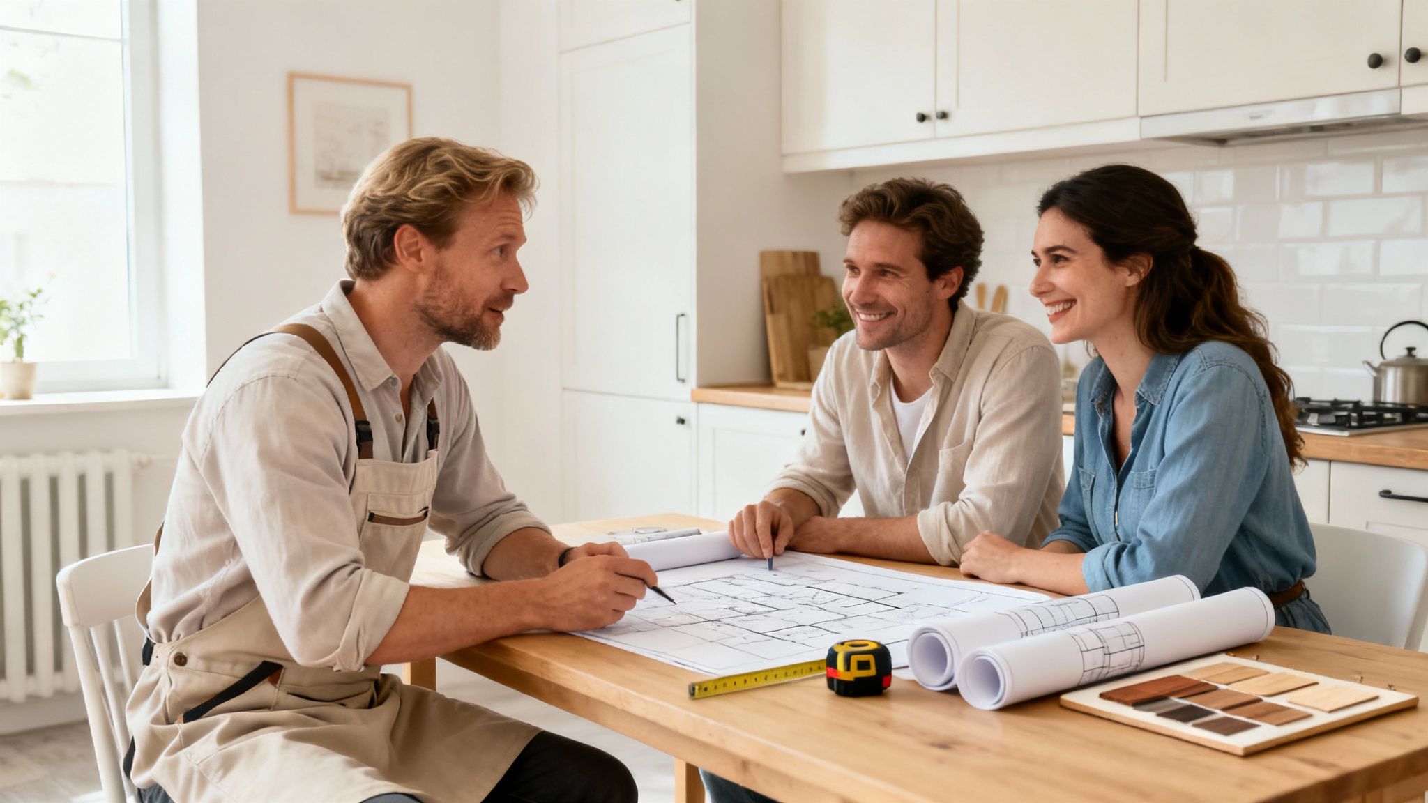 Tre personer diskuterer køkkenplaner med tegninger og materialeprøver ved et bord i et lyst køkken.