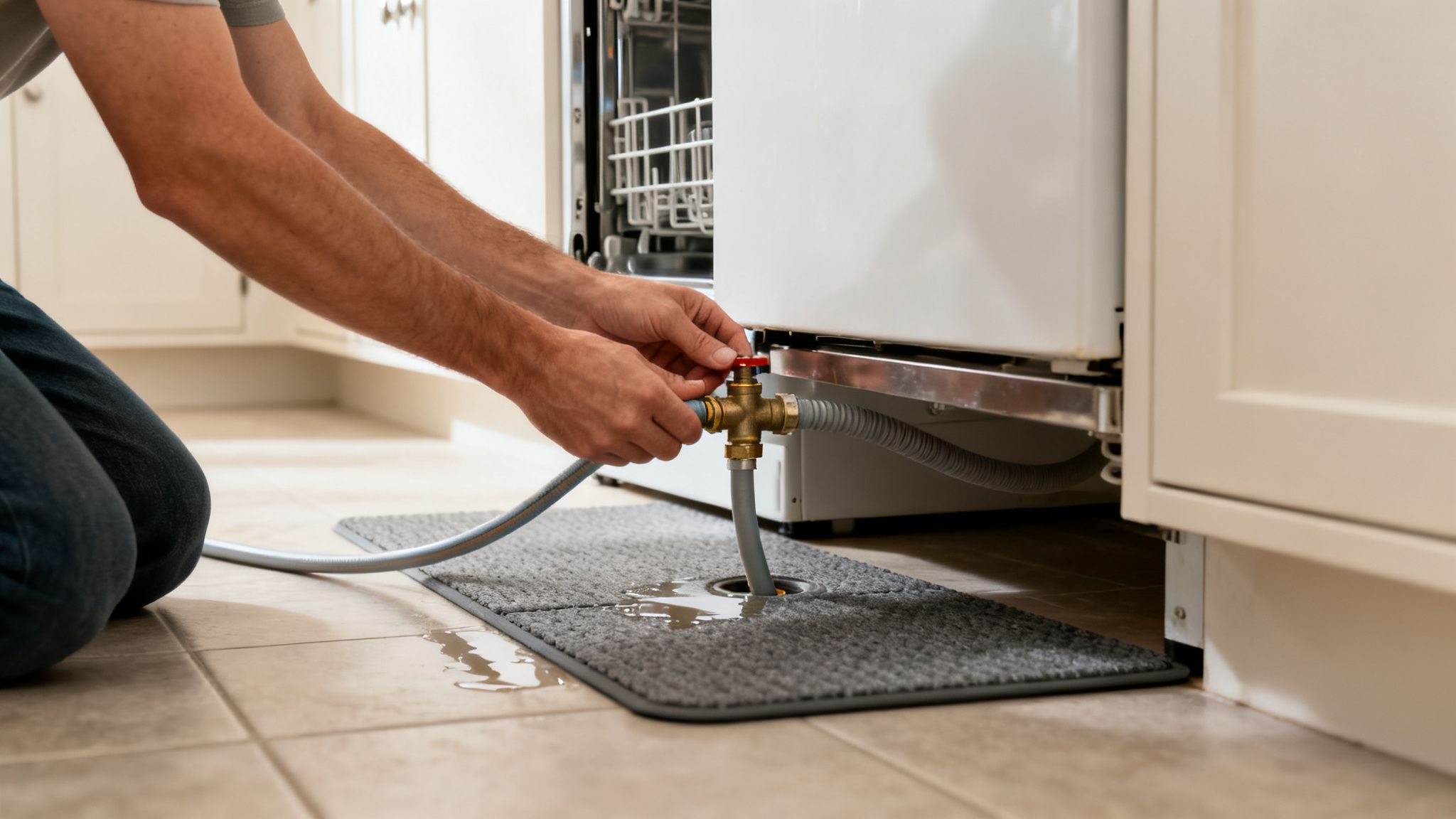 Mand installerer opvaskemaskine, tilslutter vandslange med messingventil, med lidt vand på klinkegulvet.