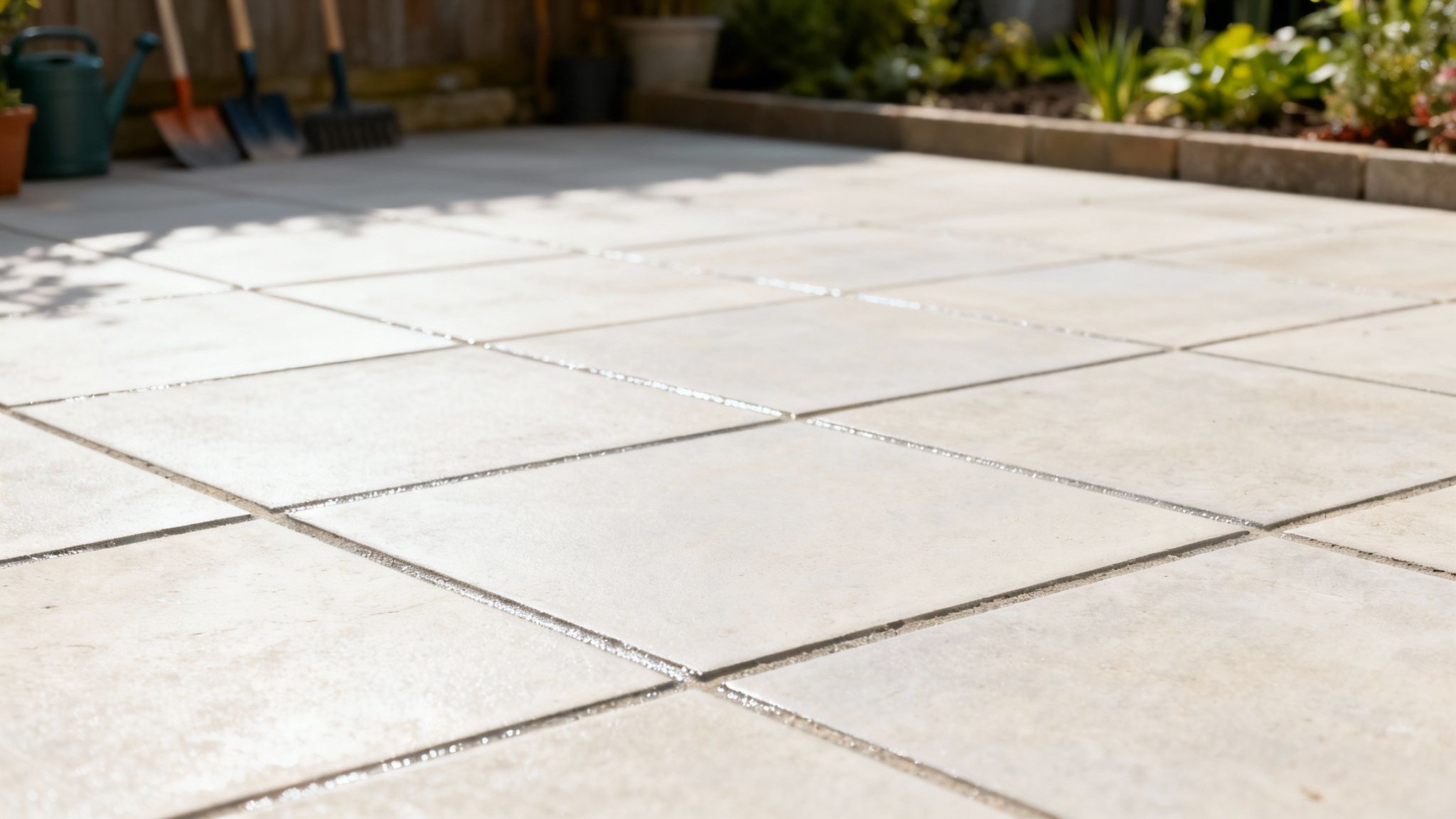 En person bruger en højtryksrenser på en fliseterrasse.