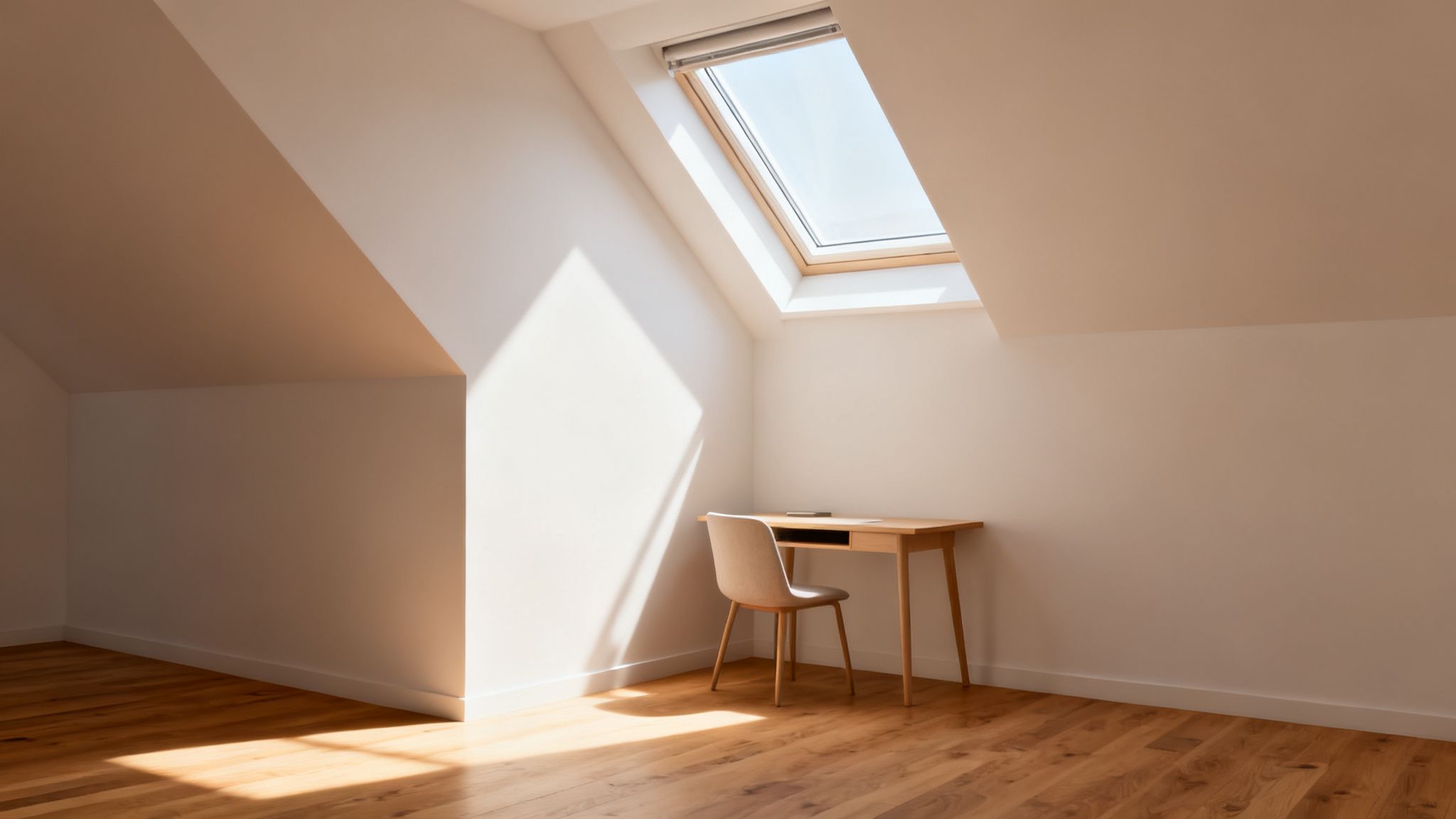 Et lyst loftsrum med et skråvindue, et træskrivebord og en stol. Sollys falder på trægulvet.
