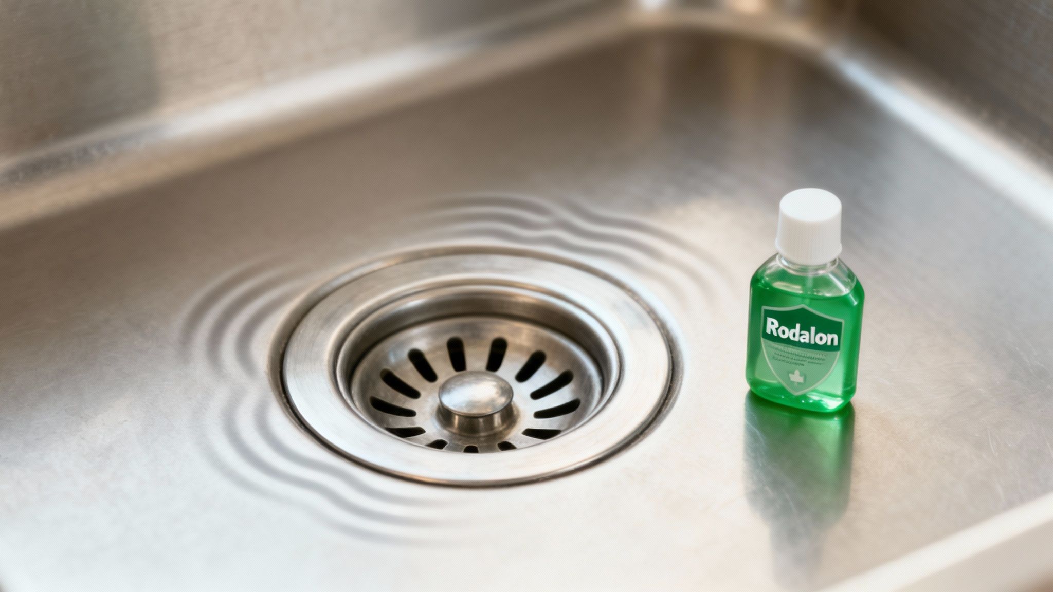 En person der kigger på et afløb med en flaske Rodalon i hånden, med et bekymret udtryk.