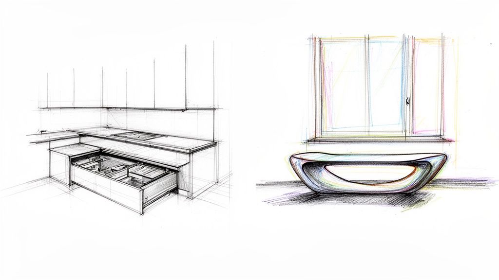 En detaljeret skitse af et moderne køkken med åben skuffe og en separat skitse af en organisk formet bænk foran et vindue.