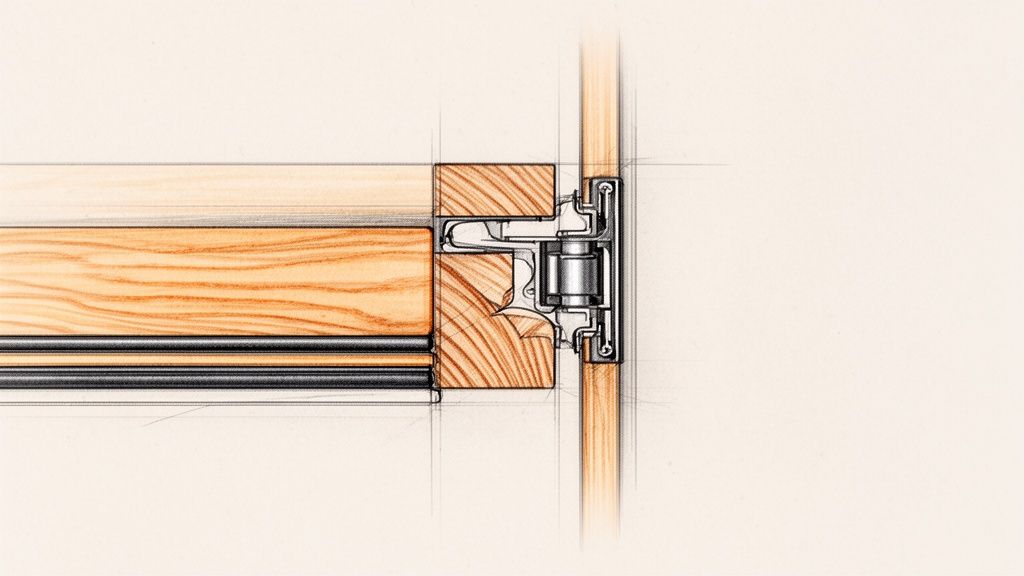 Detaljeret tværsnits tegning af en foldedør eller vinduesramme i træ med et hængsel.