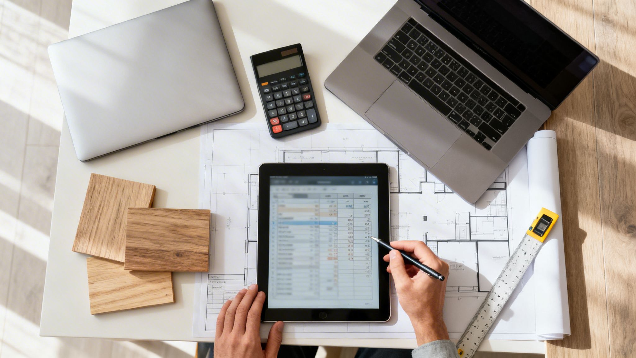 Ovenfra udsigt over en arbejdsplads med arkitekttegninger, laptops og en tablet. En person laver beregninger.