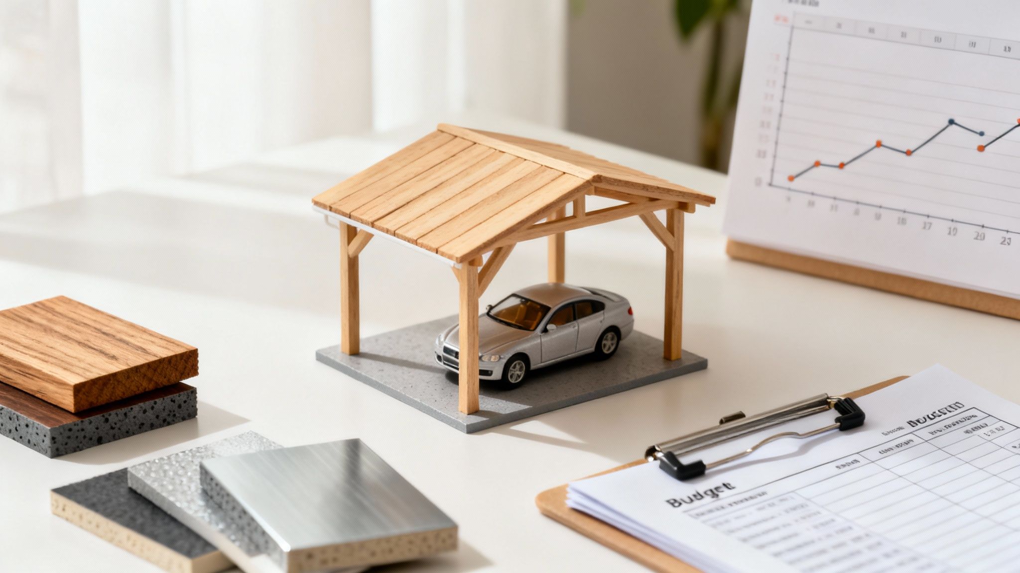Modelbil under carport, materiale prøver, budget og kalender til planlægning af byggeri eller bilkøb.