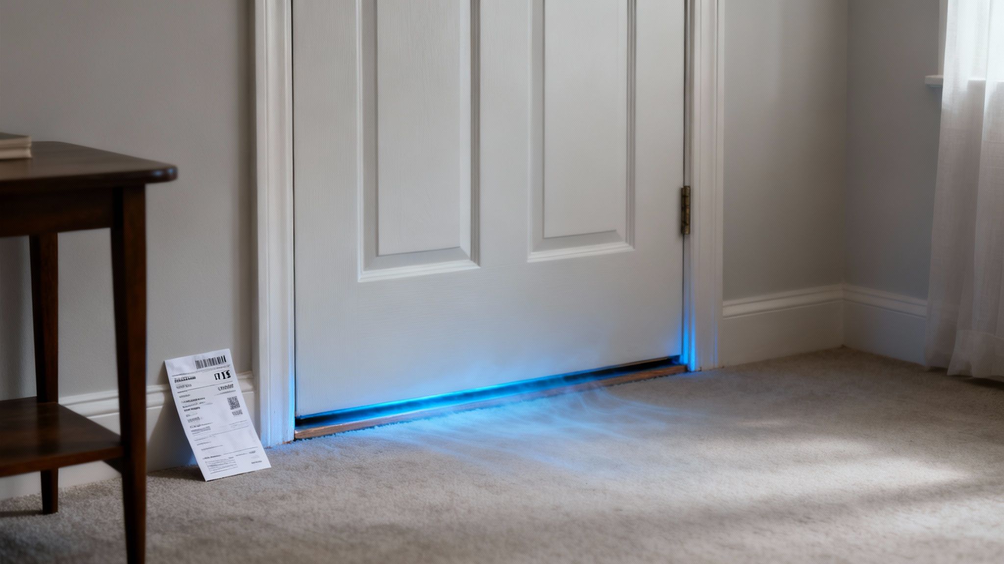En hvid dør med blåt lys og tåge ved bunden, der indikerer træk eller luftlækage, med et brev på gulvet.