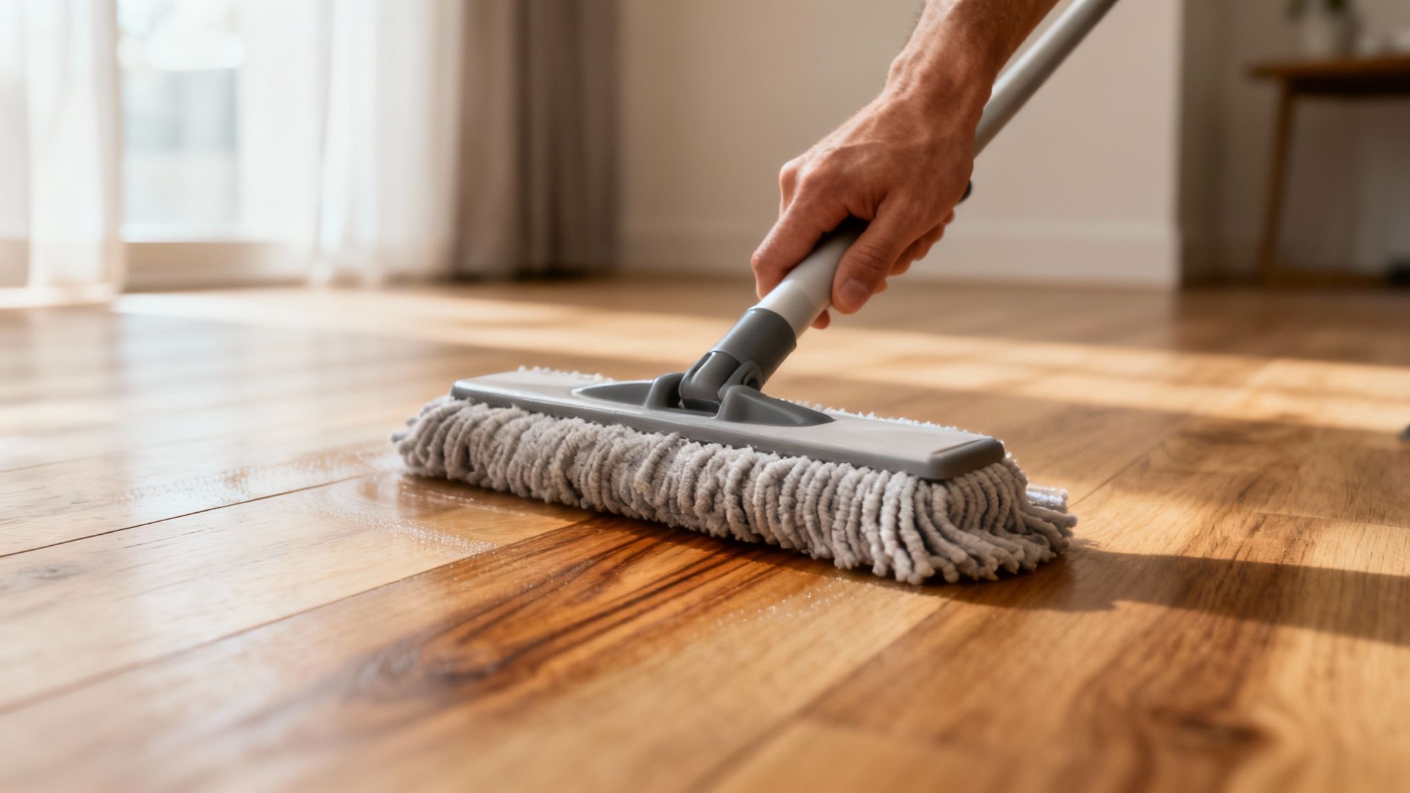 En person fører en moppe i træets længderetning på et gulv
