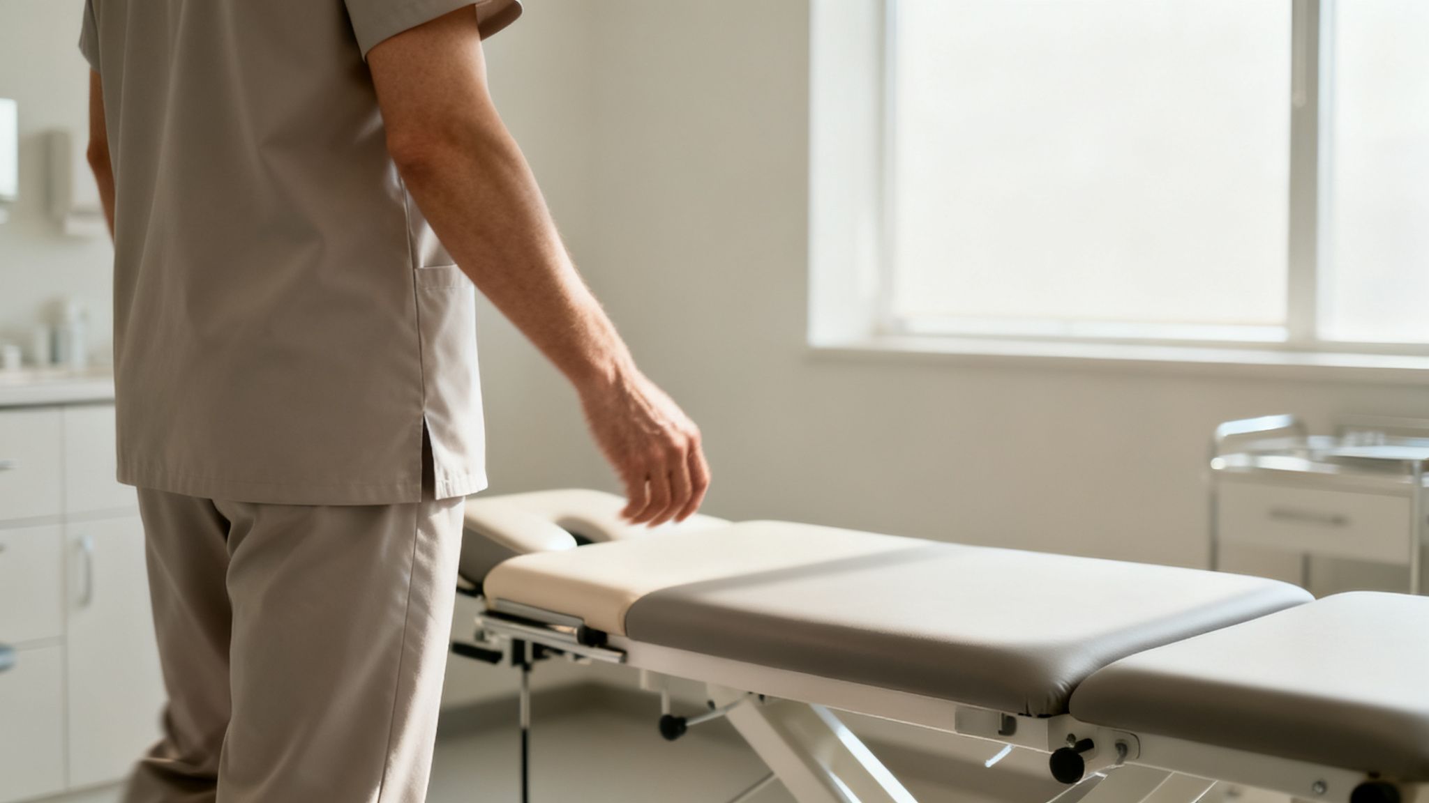 En terapeut i ensartet tøj står ved en tom behandlingsbænk i et lyst konsultationsrum.