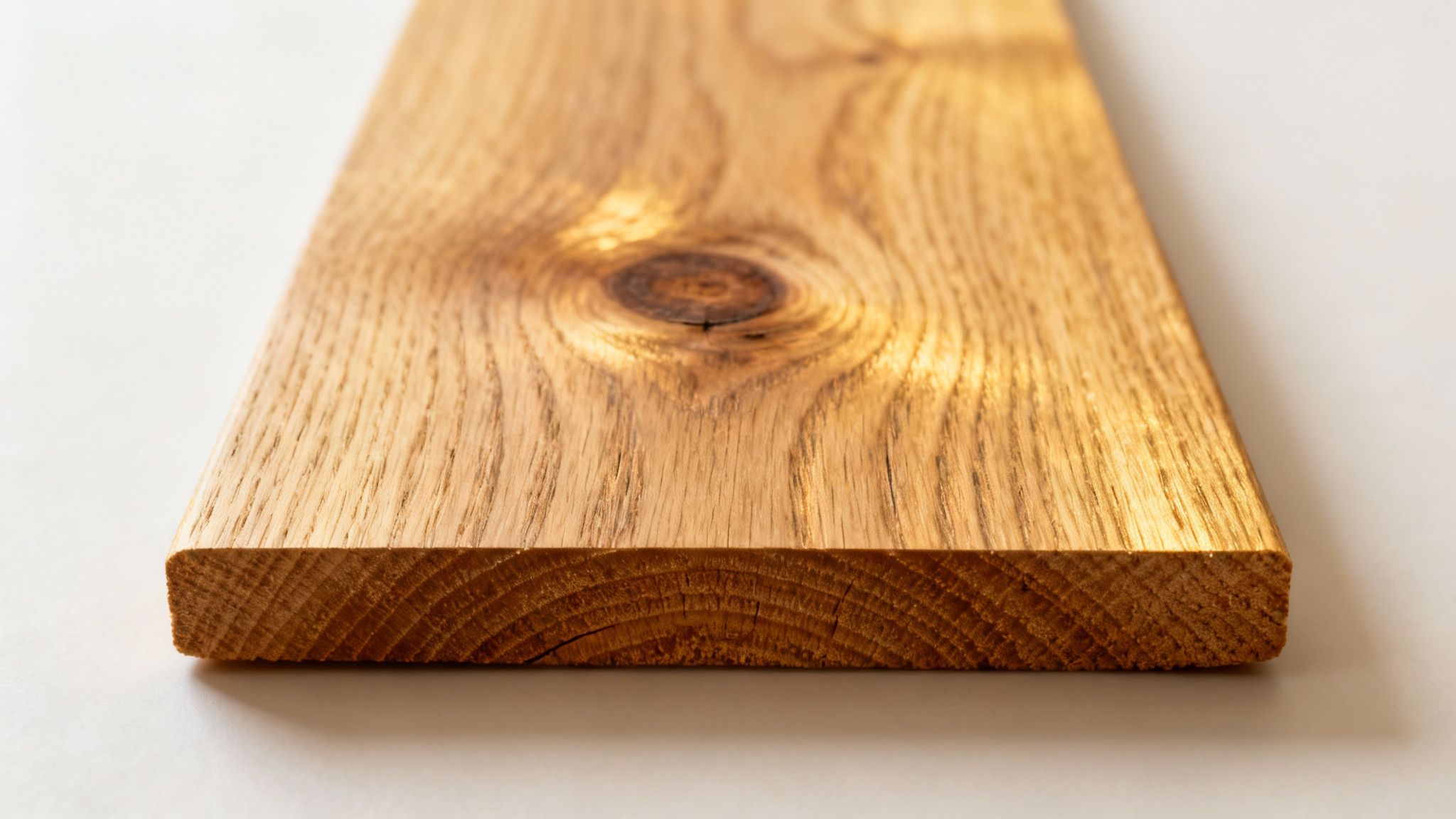 Et nærbillede af en træplanke, der viser det smukke åremønster og en karakteristisk knude, sandsynligvis en egplanke.