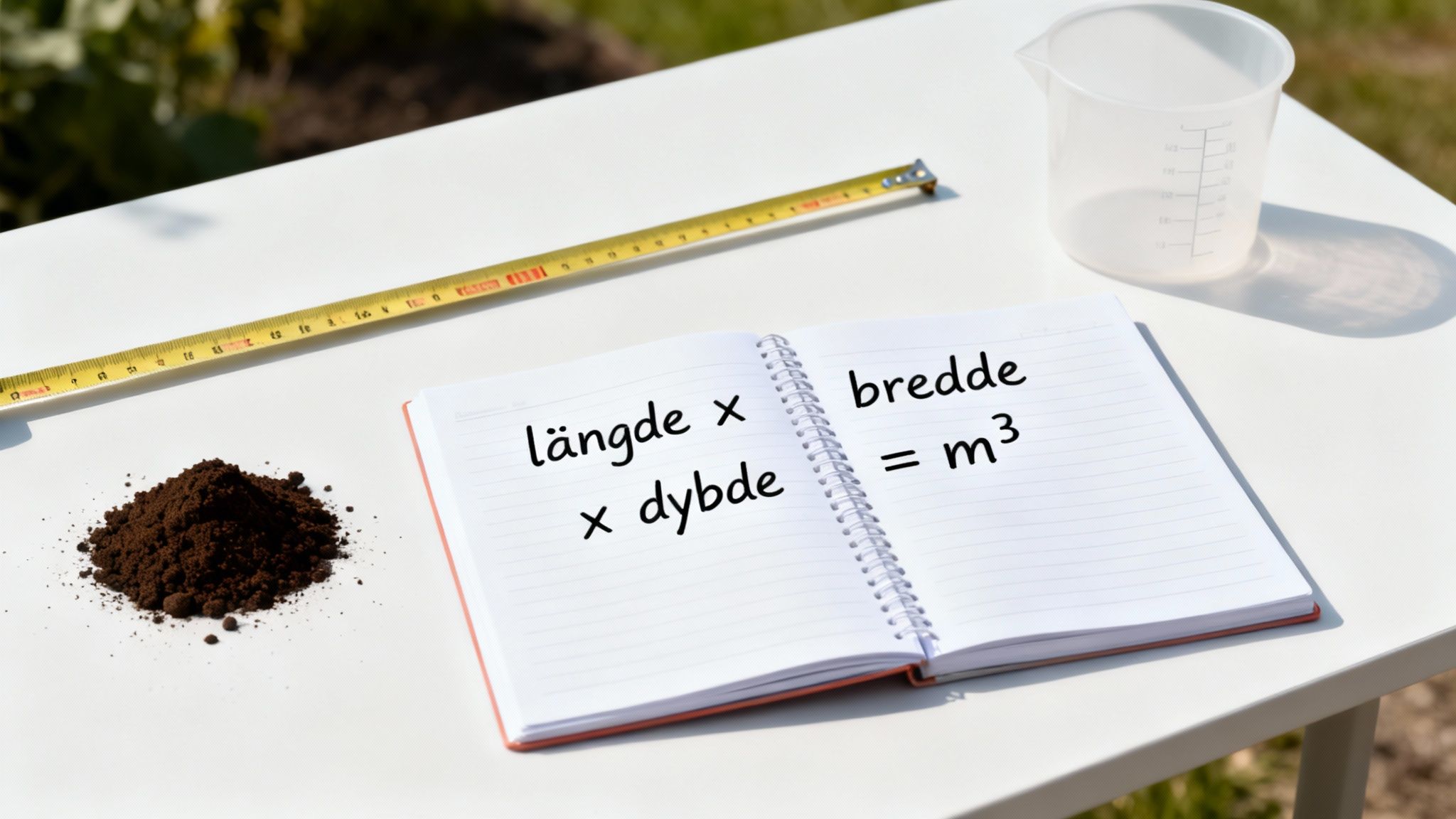 Beregning af volumen for muldjord med målebånd og formel i notesbog, klar til havearbejde.