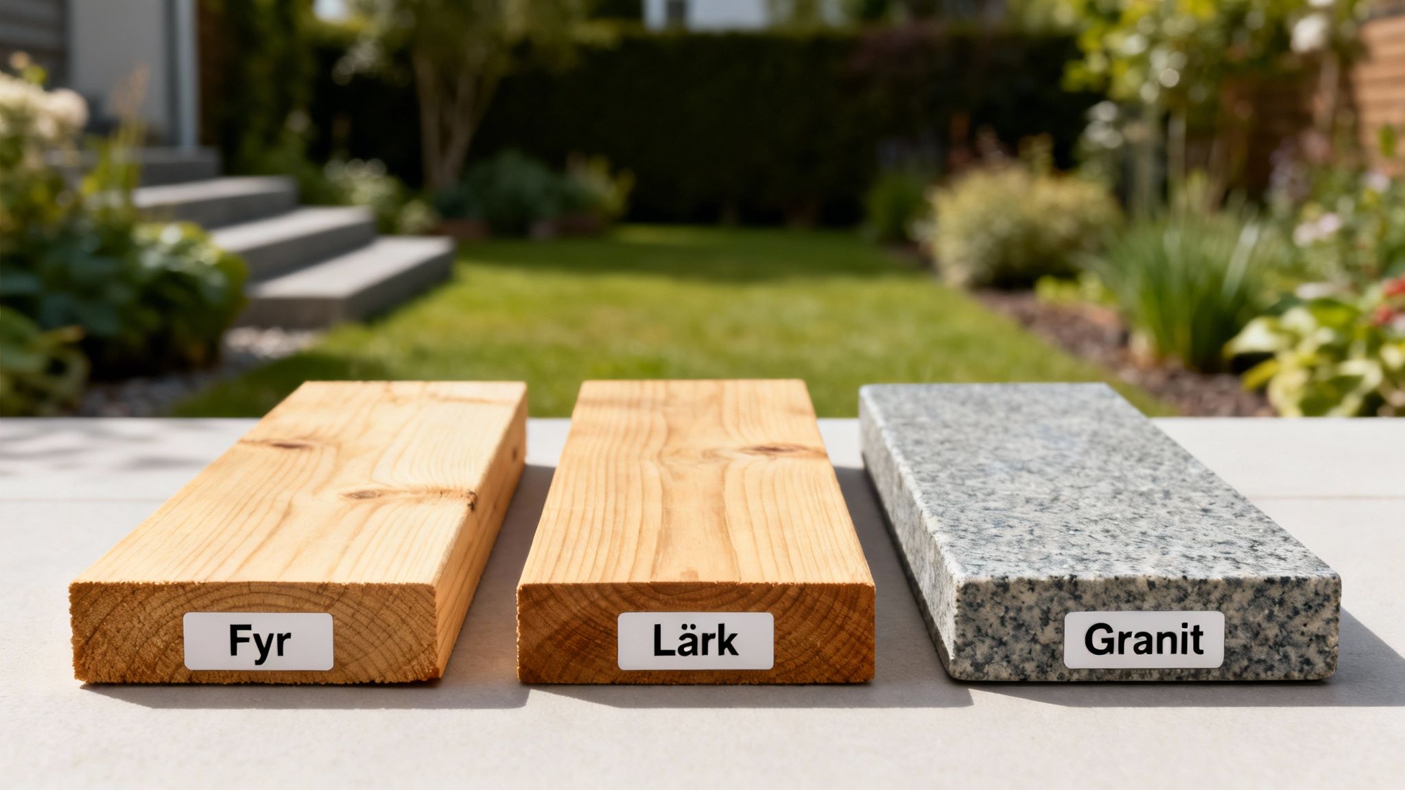 Tre prøver af byggematerialer: Fyrretræ, Lærketræ og Granit, præsenteret i en have.