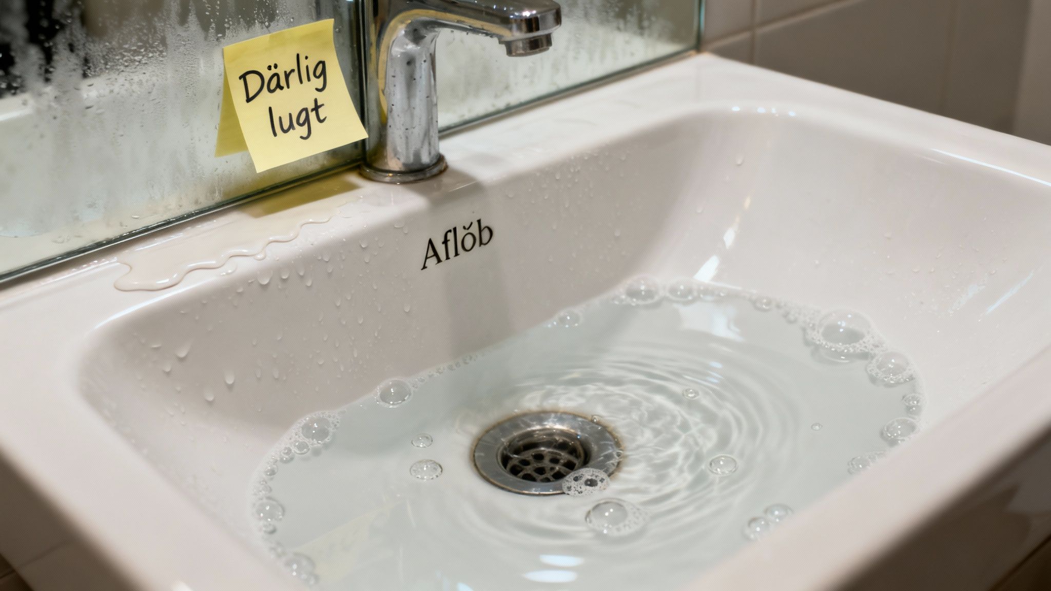 Badeværelsesvask fyldt med vand og bobler, et afløb, en vandhane og en seddel 'Dårlig lugt' på spejlet.