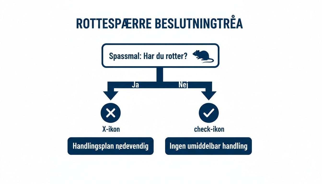Beslutningstræ for rottespærre, der spørger om rotter er til stede, og angiver handling.