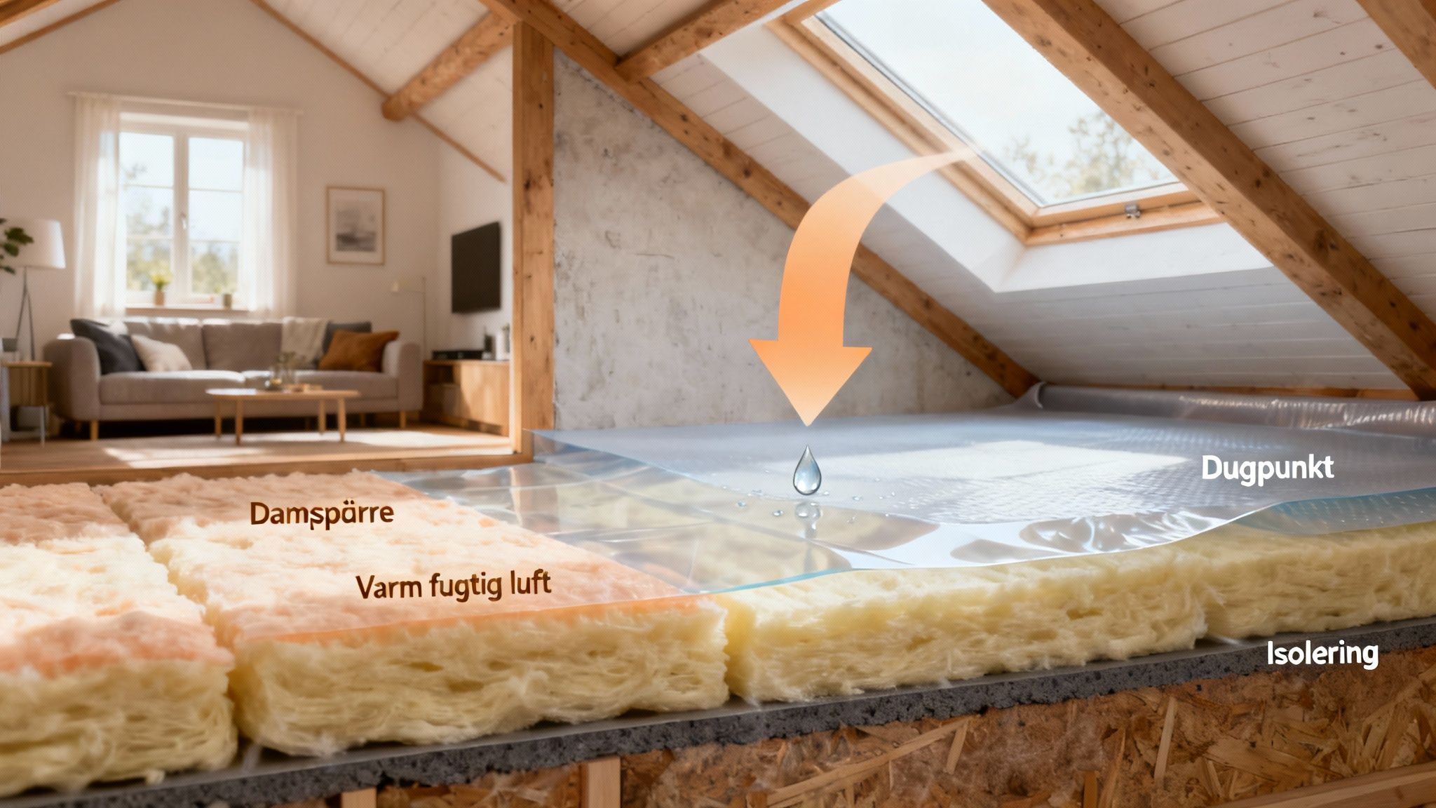 Tværsnit af loftisolering, der viser dampspærre, varm fugtig luft, dugpunkt og kondens.