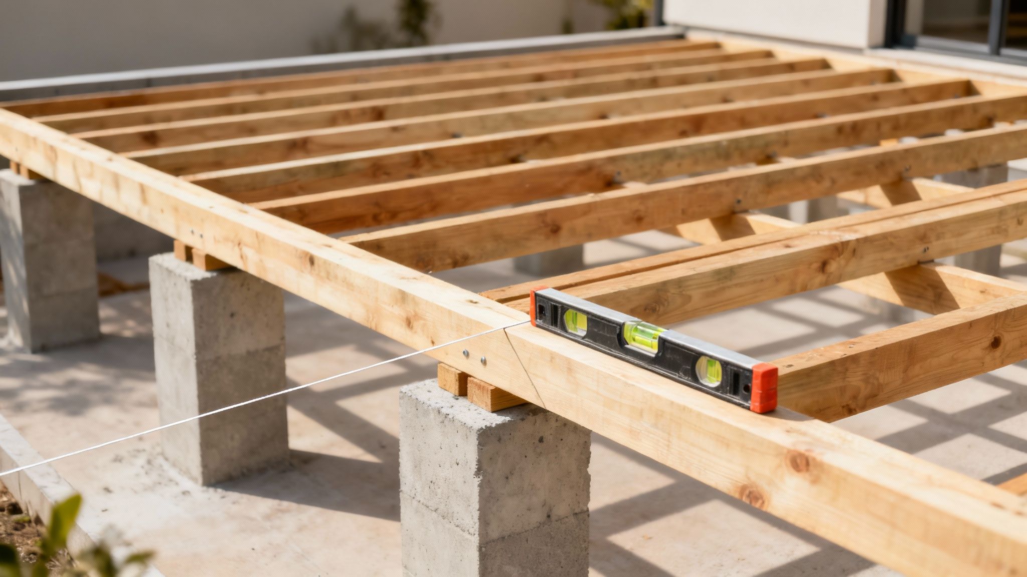 Fundament til en træterrasse med strøer lagt ud på jorden.