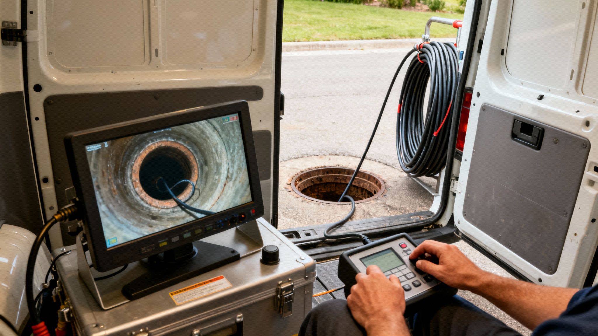 En tekniker udfører kloak TV inspektion fra en varevogn, hvor en skærm viser billeder fra kloakken.