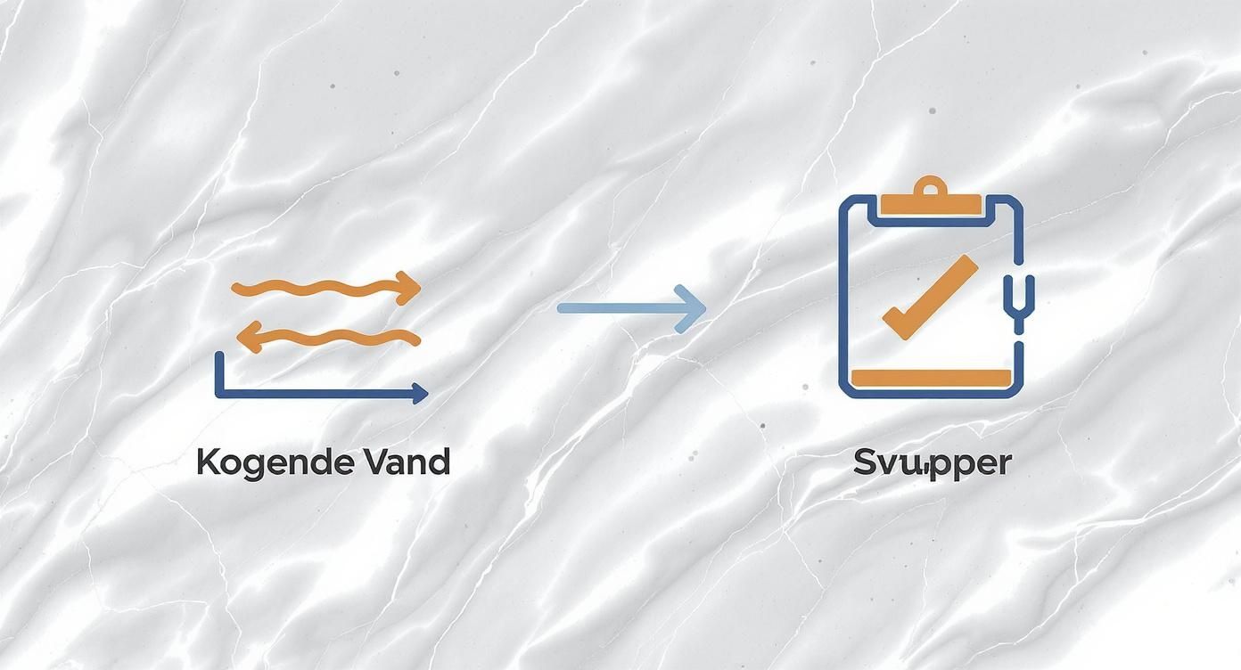 Illustration viser, hvordan kogende vand og en svupper effektivt kan afhjælpe et stoppet afløb.