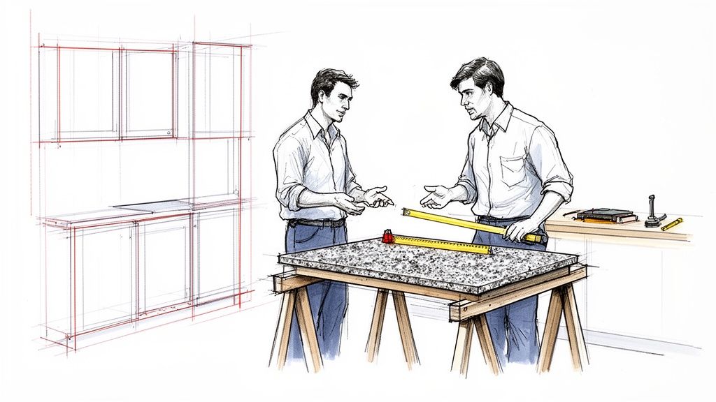 To mænd diskuterer en granit bordplade i et køkken med skitserede skabe. En mand holder et målebånd.