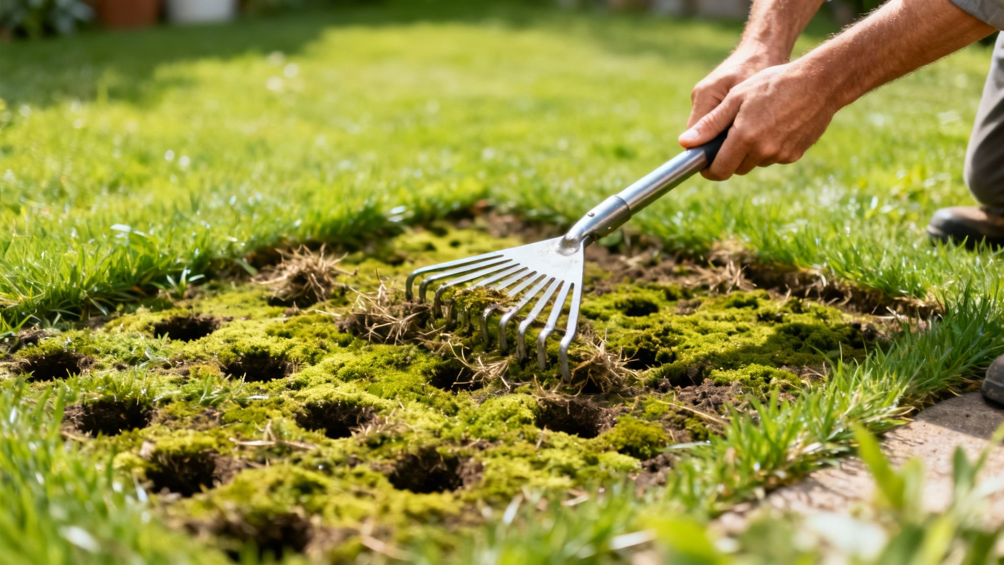 En person bruger en vertikalskærer på en græsplæne, hvilket efterlader tynde riller og fjerner mos og dødt græs