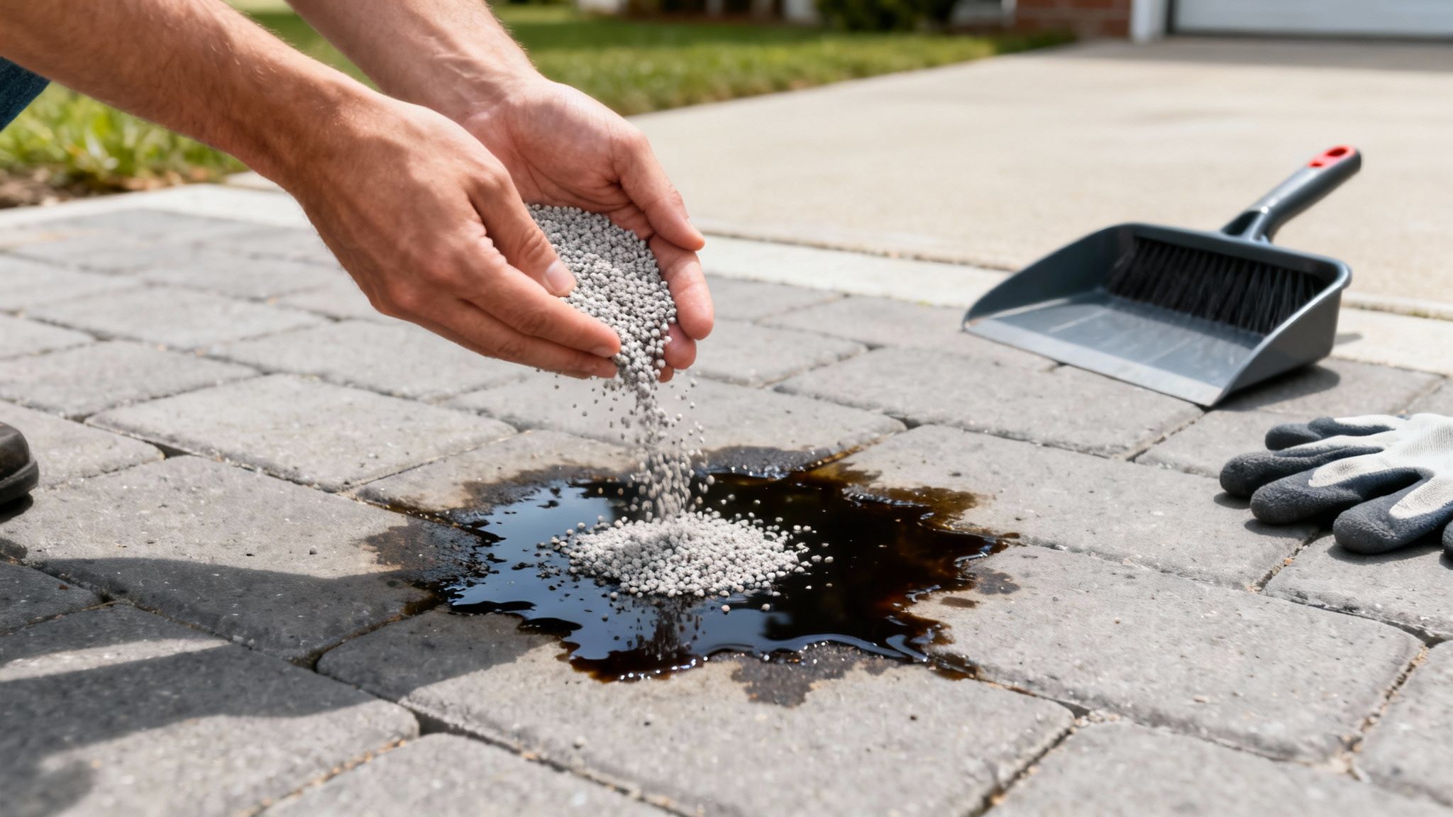 En person hælder granulat på en oliepøl på fliser for at absorbere og fjerne den.