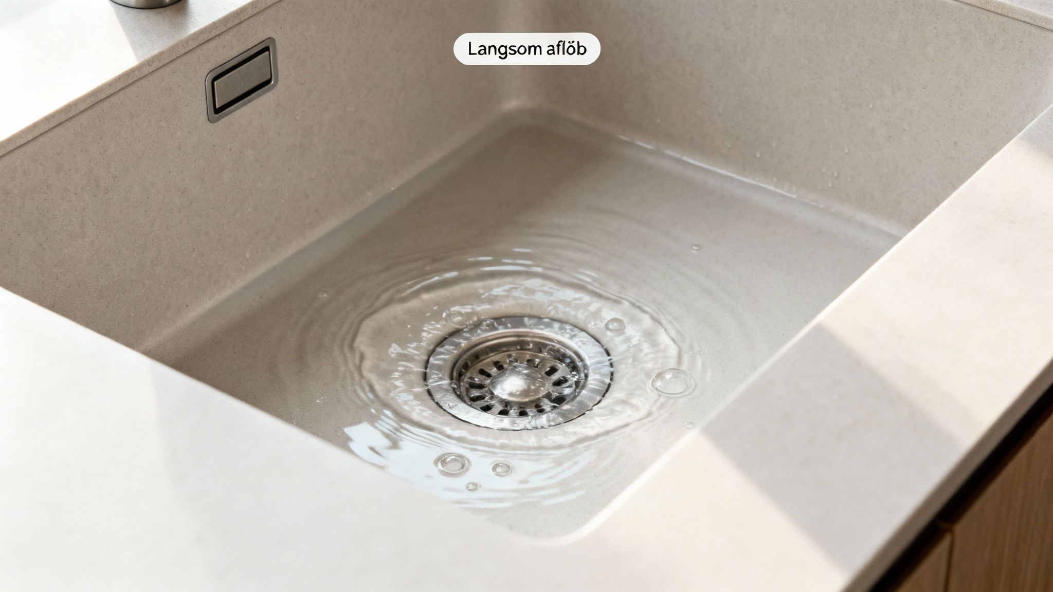 En lys køkkenvask med vand, der langsomt løber ned i afløbet, med ringe og bobler.