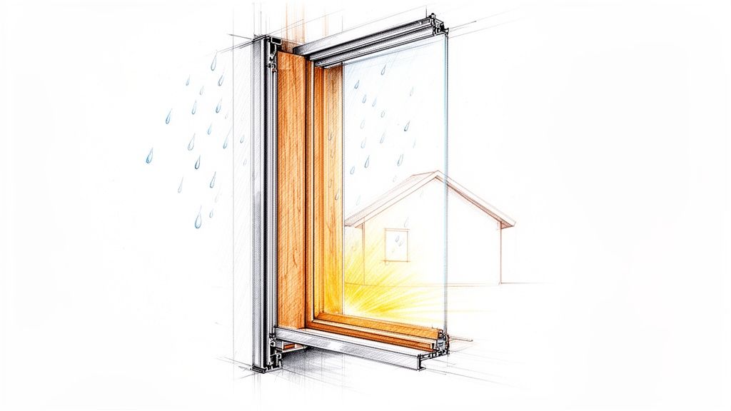 Tværsnit af et vindue med alu- og trærammer, der viser regn udenfor og sollys indenfor.