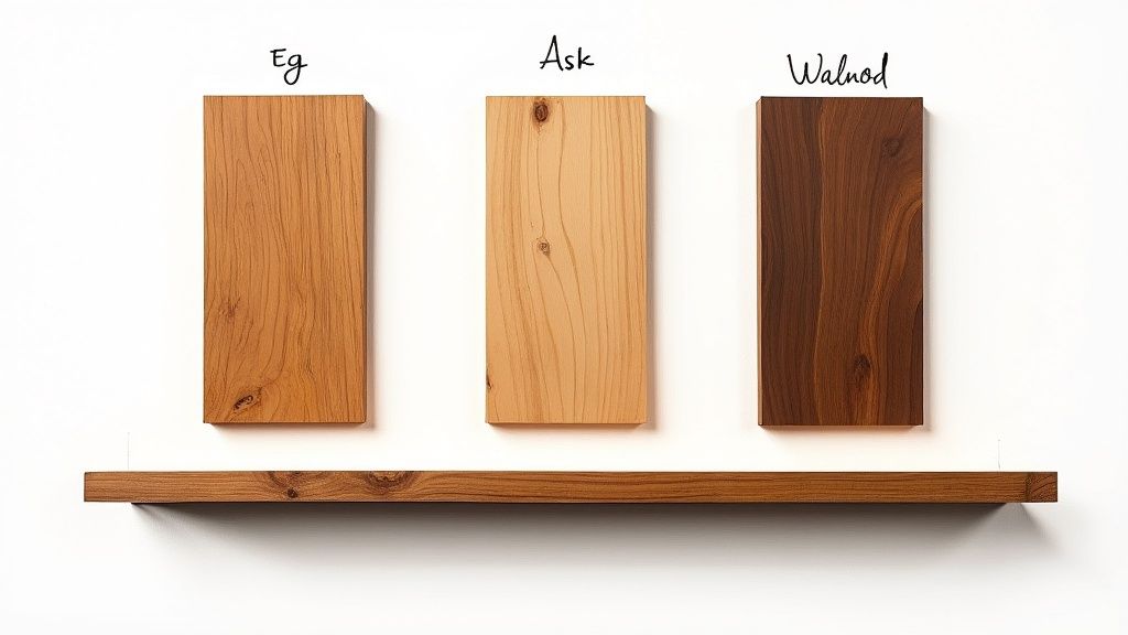 Tre træprøver af eg, ask og valnød vises over en træhylde på en hvid væg.