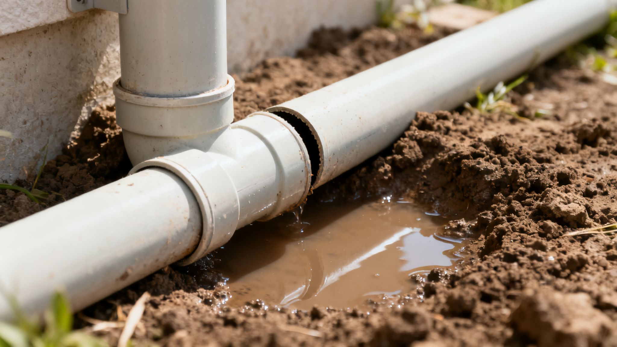 Et hvidt PVC-drænrør lækker vand ned i jorden og skaber en mudret vandpyt ved siden af en bygning.