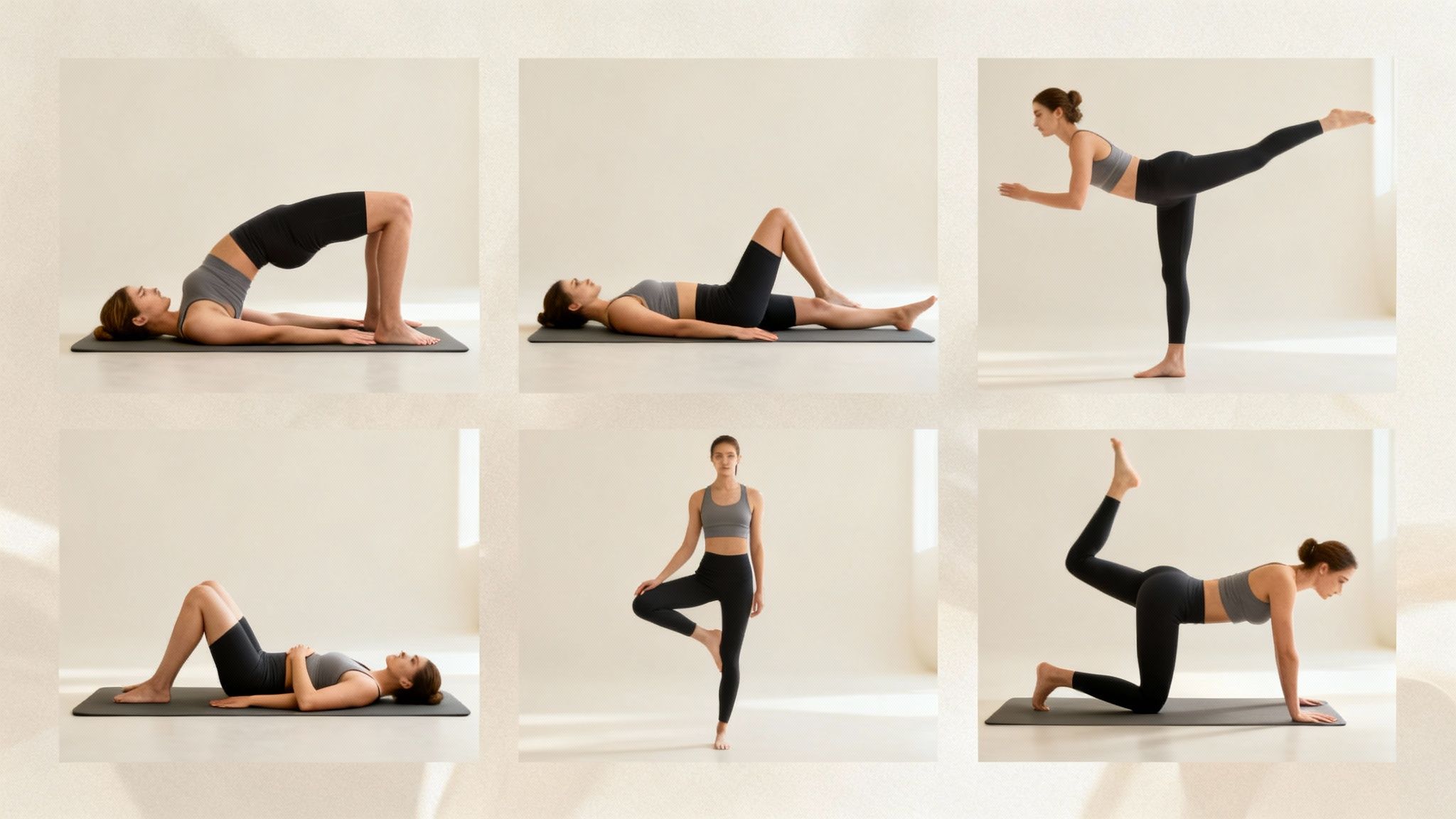 En kvinde udfører seks forskellige yoga- og pilatesøvelser på en yogamåtte i et lyst rum.