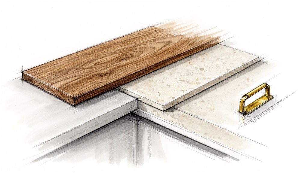 Skitseret billede af et L-formet køkkenbord med træskærebræt, stenoverflade og et gyldent håndtag.