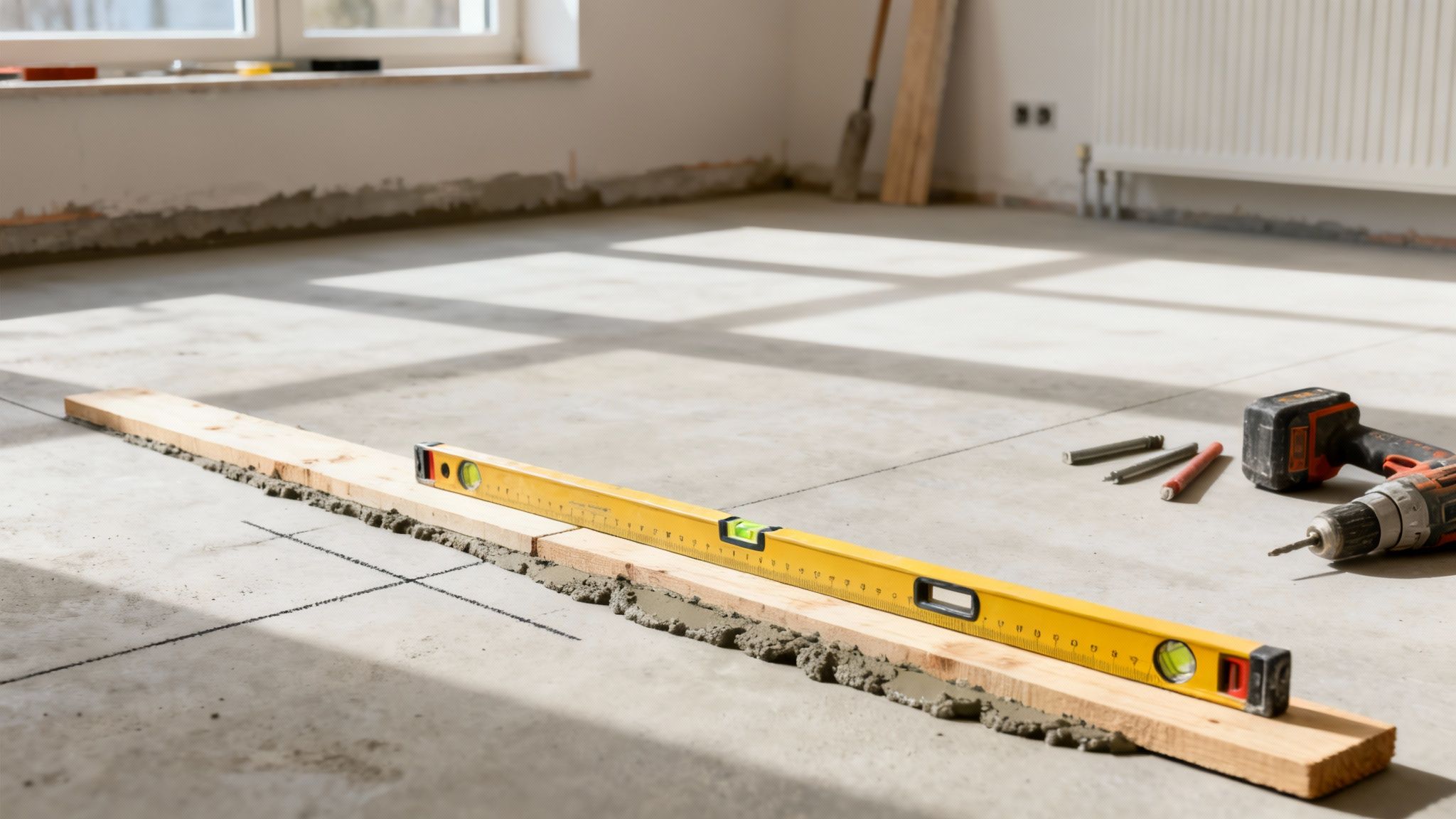 Et vaterpas ligger på et træbræt i cement, klar til at lægge svømmende gulv. Byggeværktøj ligger på gulvet.