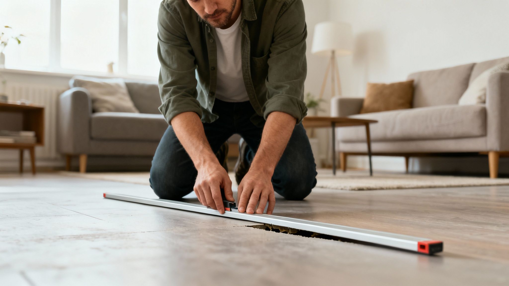 Mand knæler og bruger et vaterpas til at nivellere gulvet i et lyst værelse.