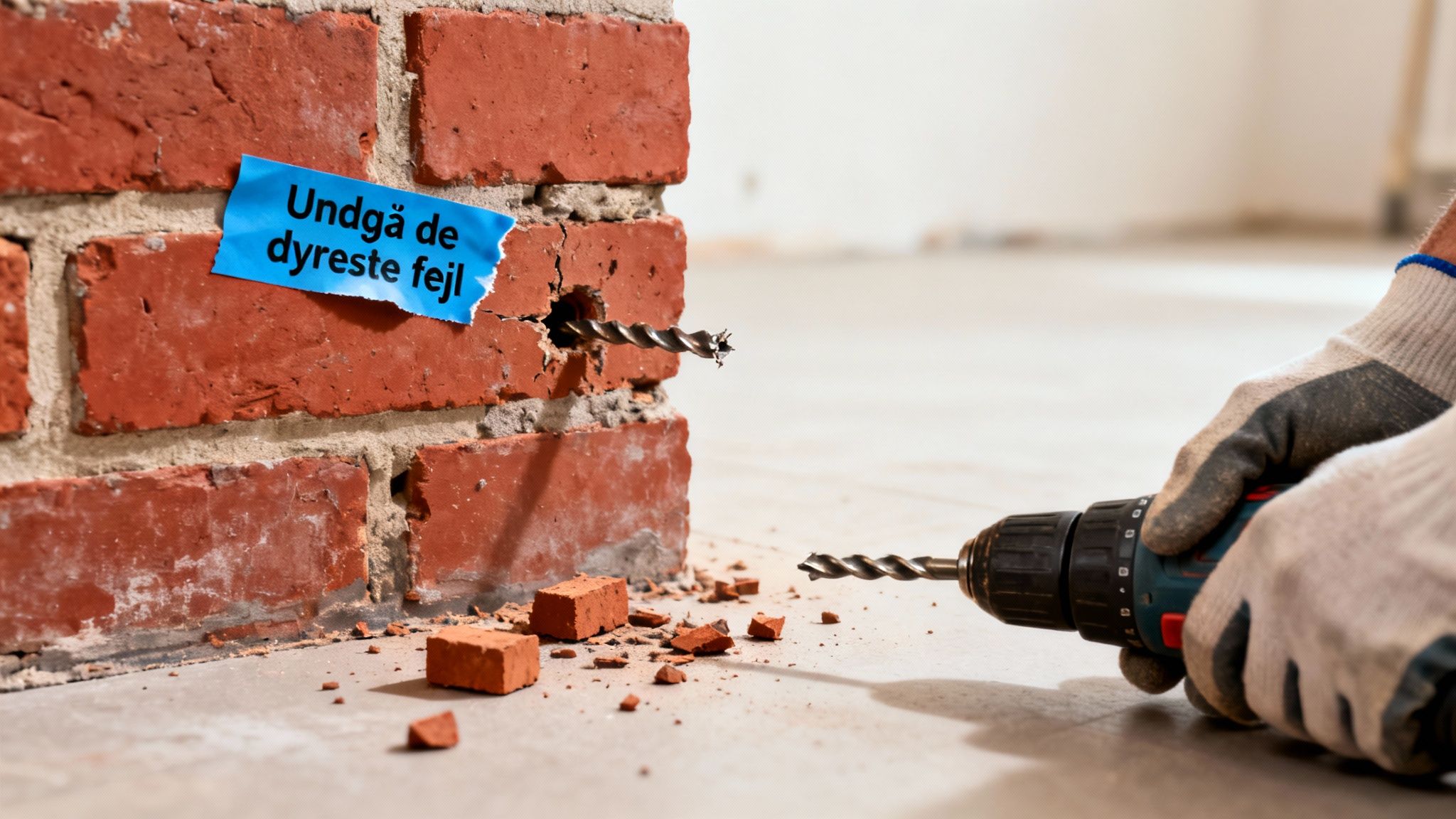 En person borer ind i en murstensvæg med en blå seddel, der advarer mod dyre fejl. Murstensstykker ligger spredt på gulvet under boringen.